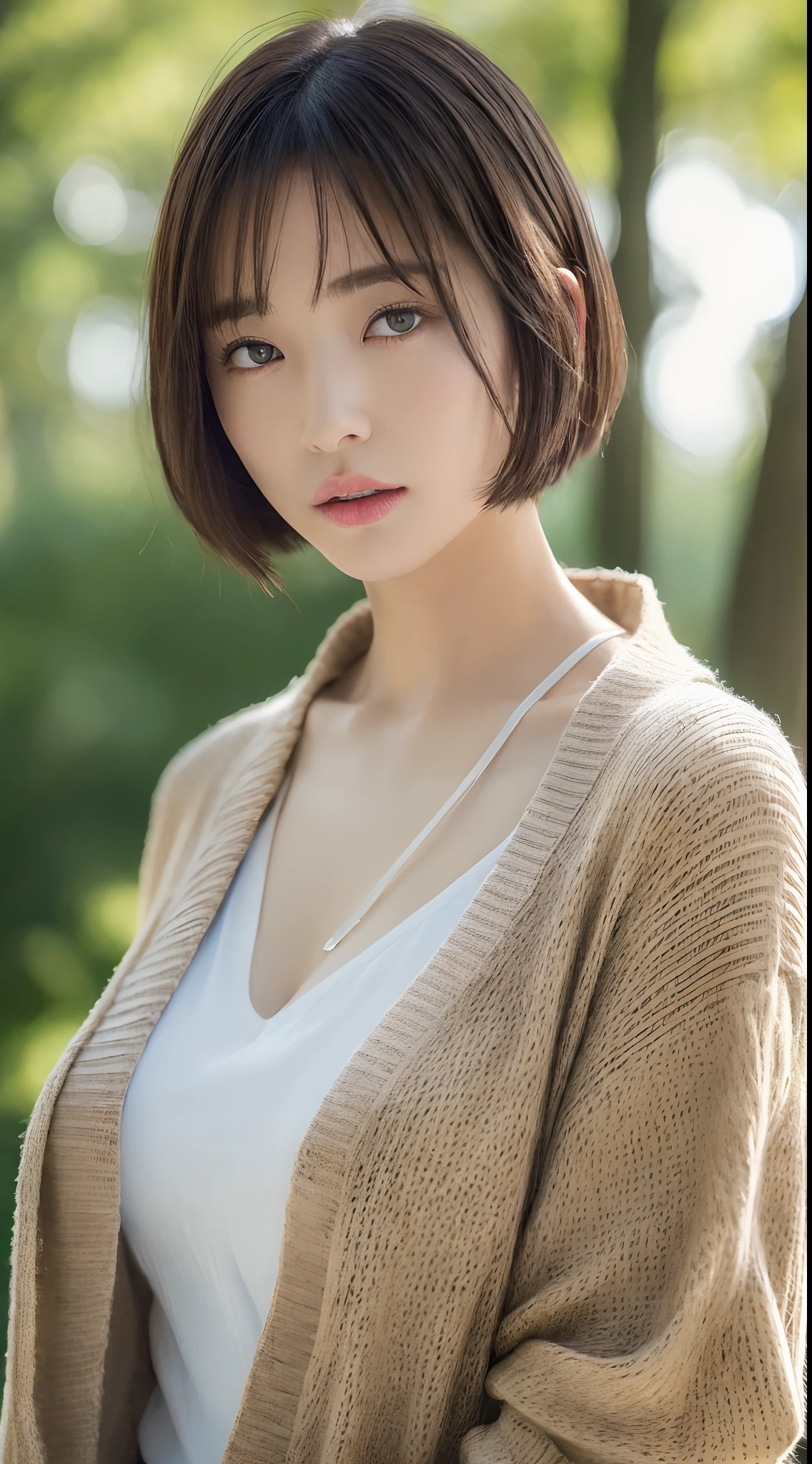 ((top-quality、8k、masterpiece:1.3))、女の子1人、Slender Beauty:1.3、(medium short hair、爆乳:1.2)、cardigan:1.1、hyperdetailed face、A detailed eye、二重まぶた、Fashionable clothes