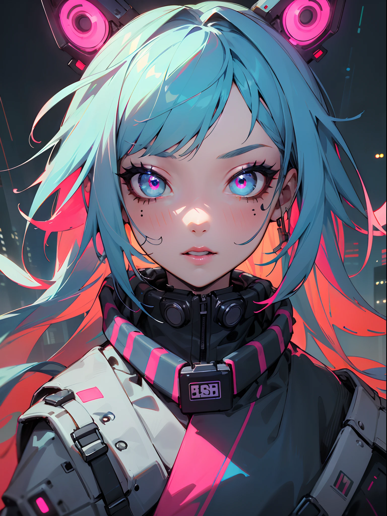 Masterpiece best quality (portrait) of confident cyberpunk girl, Harajuku-inspired pop outfit with glowing neon trim, bold colors and patterns, eye-catching accessories, trendy and innovative hairstyle, multicolor hair, multicolor eyes, vibrant makeup, illustration, (detailed skin texture, detailed cloth texture), ((beautiful detailed face)), intricate details, ultra detailed, dazzling Cyberpunk cityscape in background, bright and vivid color scheme