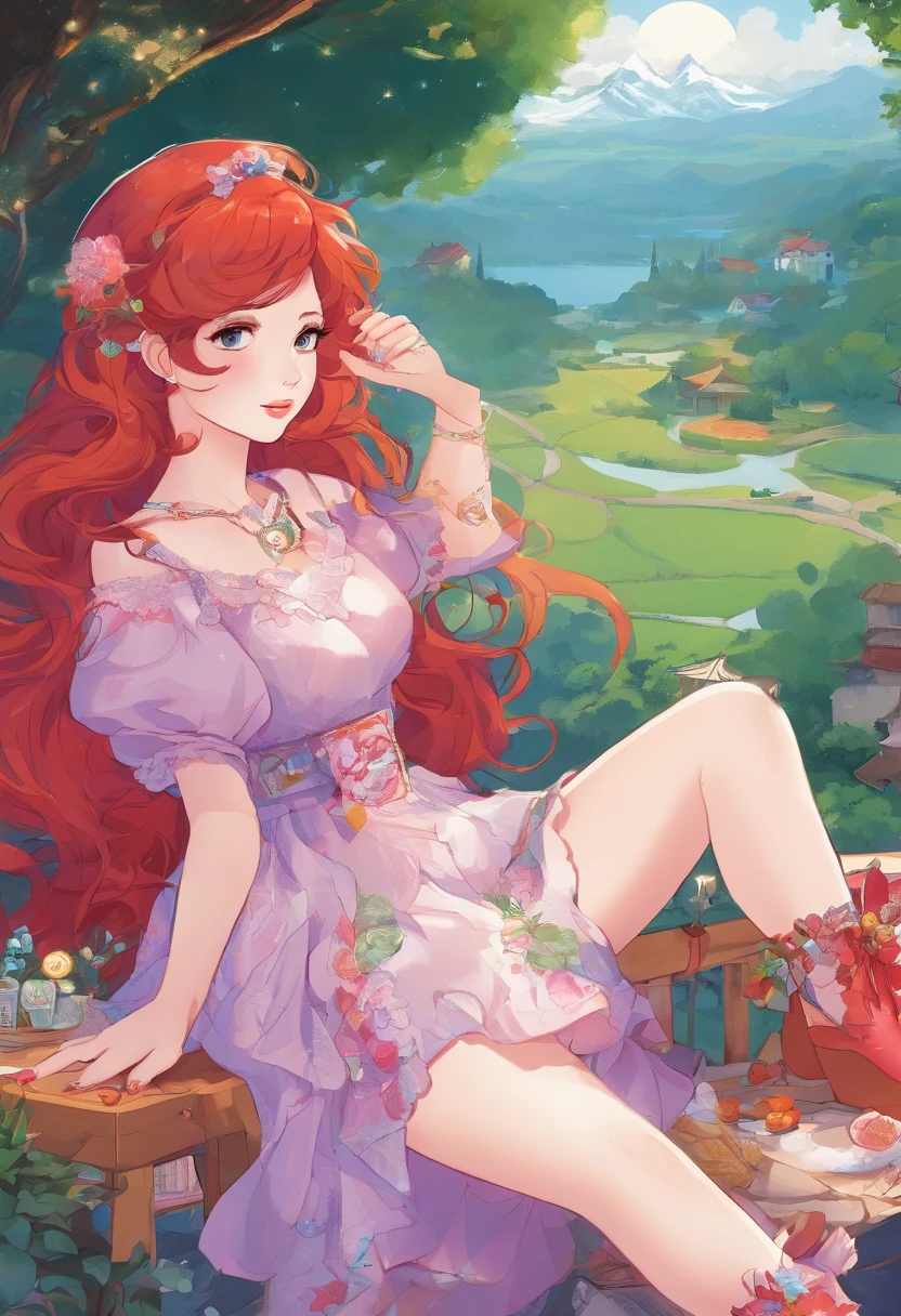 midshot, cel-shading style, centered image, ultra detailed illustration,girl, reddish redhead, with freckles on her cheeks, two-tone eyes, the left red and the right purple, wearing a lolita style outfit ,vibrant colors, landscape background, moon earring accessories, long curly hair,32k resolution, best quality