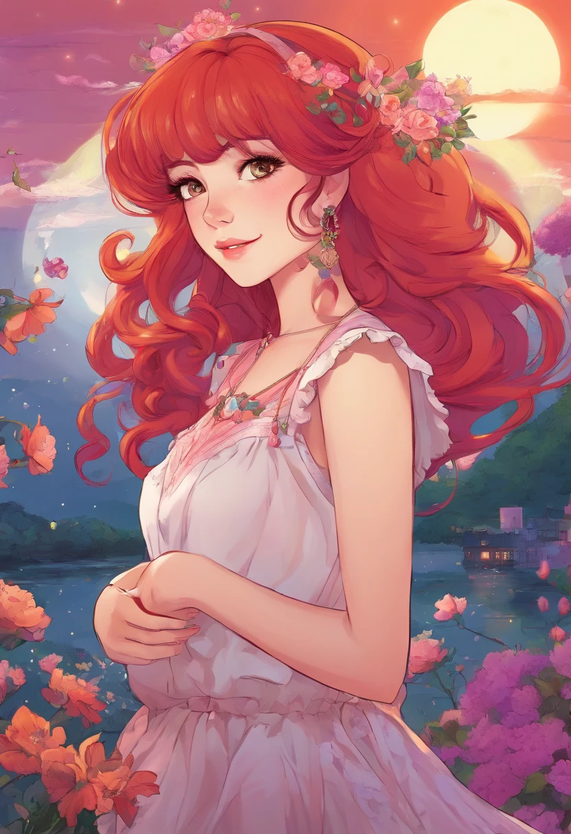 midshot, cel-shading style, centered image, ultra detailed illustration,girl, reddish redhead, with freckles on her cheeks, two-tone eyes, the left red and the right purple, wearing a lolita style outfit ,vibrant colors, landscape background, moon earring accessories, long curly hair,32k resolution, best quality