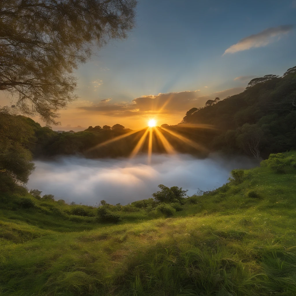 a panoramic view, luz dourada quente, A godly person raised his hand in prayer, Angel descending from heaven with a radiant aura, Peaceful countryside at sunset, 4k, NFFSW, -AR 2.35:1, The sun's rays through the clouds, Foco suave, wind gently swaying tall grass, Colinas ondulantes ao longe com uma antiga capela de pedra, Pomba voando com luz rasteira, O brilho da energia divina em torno dos anjos, Fluttering lobes and feathers on the wings, A look of reverence and gratitude to those who pray, A sparkling river reflecting the color of the sky, uma humilde cruz de madeira nas proximidades, An atmosphere of peace and miraculous existence, Cores brilhantes com brilho sonhador, Ethereal notes floating in the air, Timeless sense and spiritual connection, A series of blessings gently poured out from on high, Turn the pages in the breeze and open the Bible, On-screen text overlay with scripture quotations, Humor comovente e comovente, Images based on religion or belief.