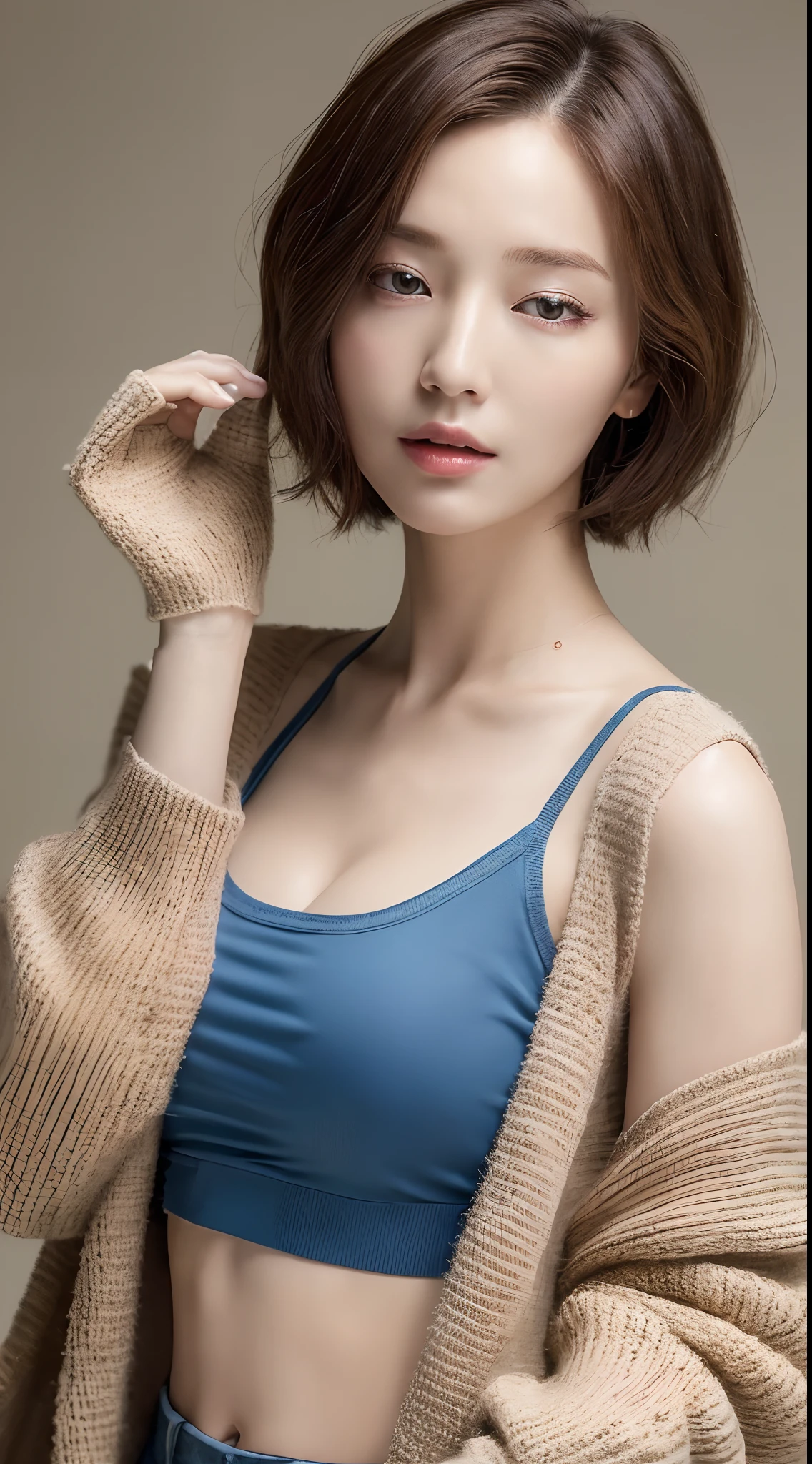((top-quality、8k、masterpiece:1.3))、女の子1人、Slender Beauty:1.3、(medium short hair、爆乳:1.2)、cardigan:1.1、hyperdetailed face、A detailed eye、二重まぶた、Fashionable clothes