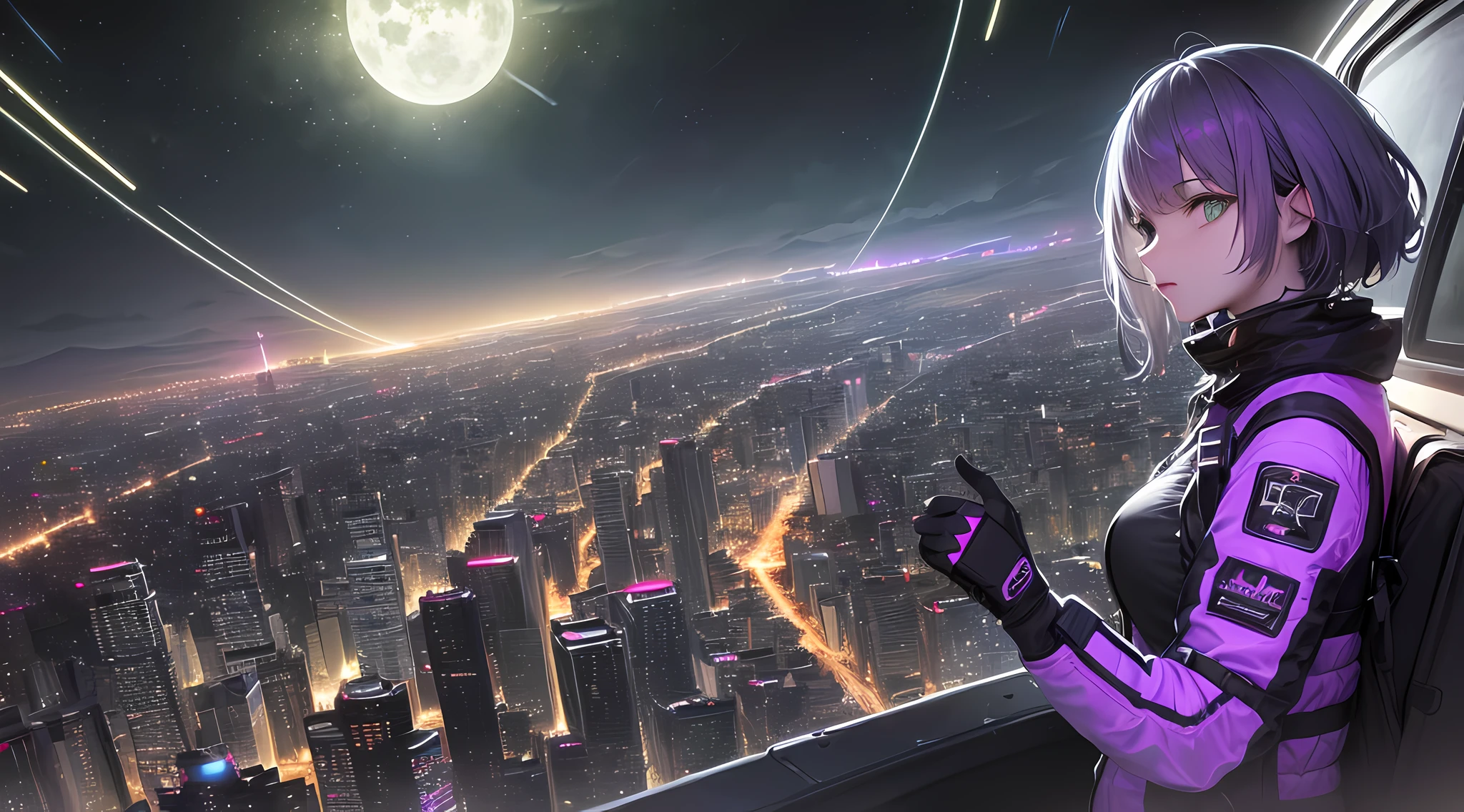 (((masterpiece))), (((best quality))), ((ultra-detailed)), (highly detailed CG illustration), ((an extremely delicate and beautiful)),A cyberpunk girl on a sky-flying motorbike, flying through the air., (long shot), Unreal engine, In space, looking at cyberpunk city, neon colors, cyberpunk space ships, ((grey hair)), (green eyes), dark night time, center composition, symmetrical composition, ((dark night:1.5)), dark neon, ((dark night:1.7)), extremely detailed, ((long shot)),((pitch black all around:1.7)), (dark puple:1.7),neon purple city