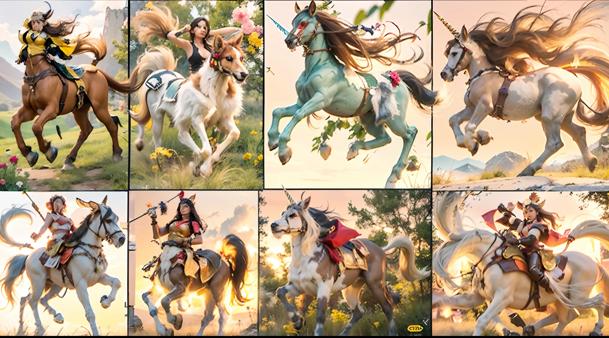 A female centaur,She is famous in the multiverse,She is both a female centaur, half human, half horse, half horse,It is also a female Yingzhao。She blends both images,The first is the head of a horse/neck/Shoulder these parts,After feminization,The upper body transforms into a beautiful female human,Female, half-centaur, half-human, half-horse, half-human,The second is the waist of the horse/hason/gluteal/Legs feminine,Female half-horse with beautiful woman's,Chimer,It's like a female human wearing a half-horse-like costume and making a seamless chimera,This chimerization is based on powerful futuristic technology。The ultra-wide-angle lens captures the image of her sleek and ethereal wings charging and leaping on the ionosphere。Her front half is distinctly feminine,Tall sexy body,Has K cup teardrop-shaped giant tit chest,It has a small man's waist butterfly spanning long legs,The half-horse part of the hind body,Embedded interface in the front half of the body hip position。The horse-shaped, half-horse torso form of her back body is completely female and humanized。A sexy bent dog-style shaped ribcage embedded in the lower back position of the beautiful woman's body from the upper end of the sternum/lower back/Ventral transverse。Then there are the sexy beauty's upright hips,Her entire body has been completely feminized,Including the half-horse part。Mechanized armor covers the legs with knee-shaped anti-joints and feet,And these parts are highly anthropomorphic,This makes her legs graceful and slender,Her four horse legs exploded in length proportions and was slender and toned,Under the legs are skinny white feet dressed in Skyscraper Heels,Use Midjourney's advanced stroke tools and color palettes, as well as texture packs, model packs, and texture tools,Concentration,Femaleize all parts of her original equine physiologic appearance,And give these parts an ergonomic appearance,Fine treatment of the thoracic and abdominal cavity of the posterior body,As well as hips and