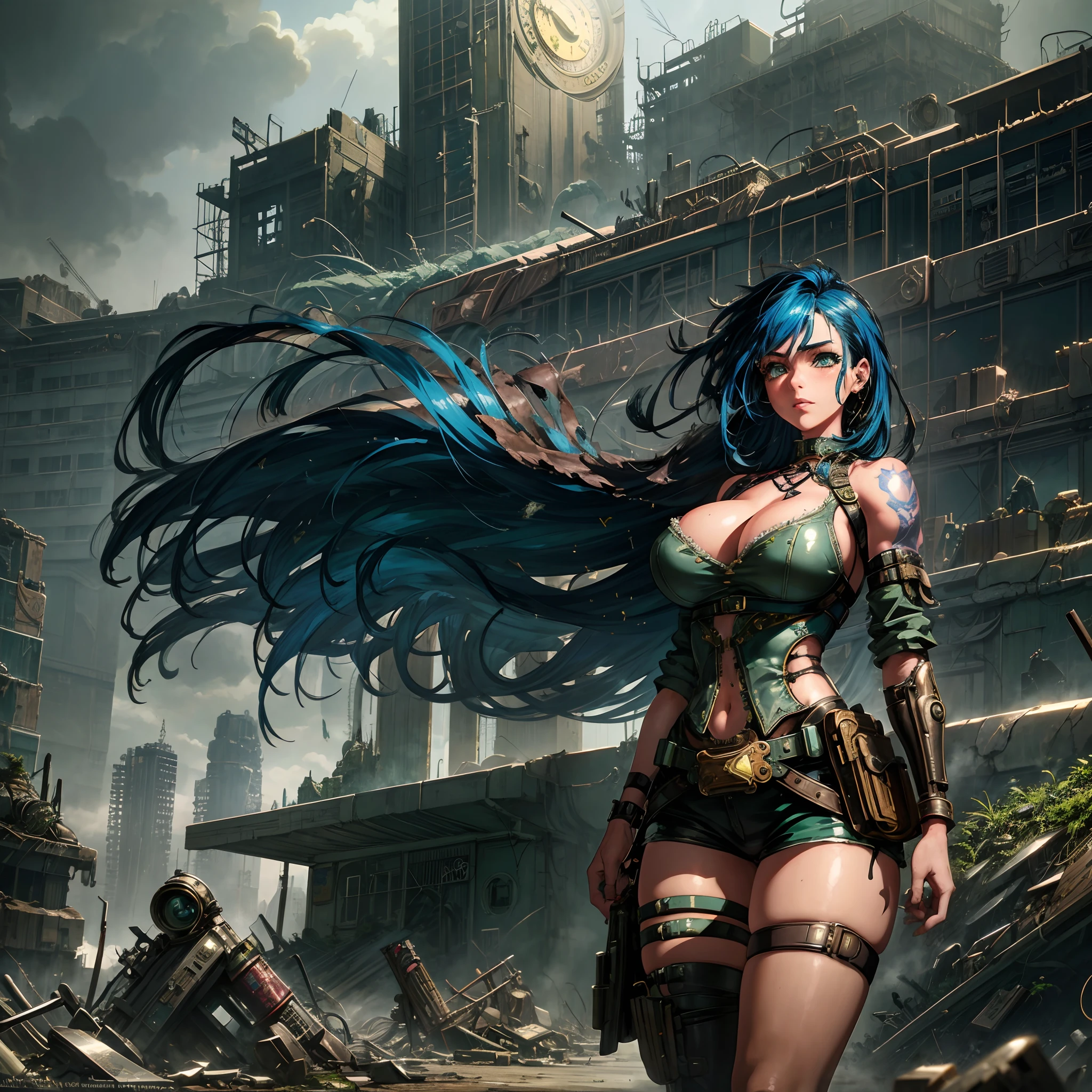 The most beautiful and sexy post apocalyptic steampunk girl, blue hair, green eyes, wearing highly detailed steampunk tactical gear, huge gigantic tits, cleavage showing, tons of tattoos and piercings, metal fragments blowing in the wind, post apocalyptic wasteland, highly detailed background, perfect masterpiece, high quality, high resolution