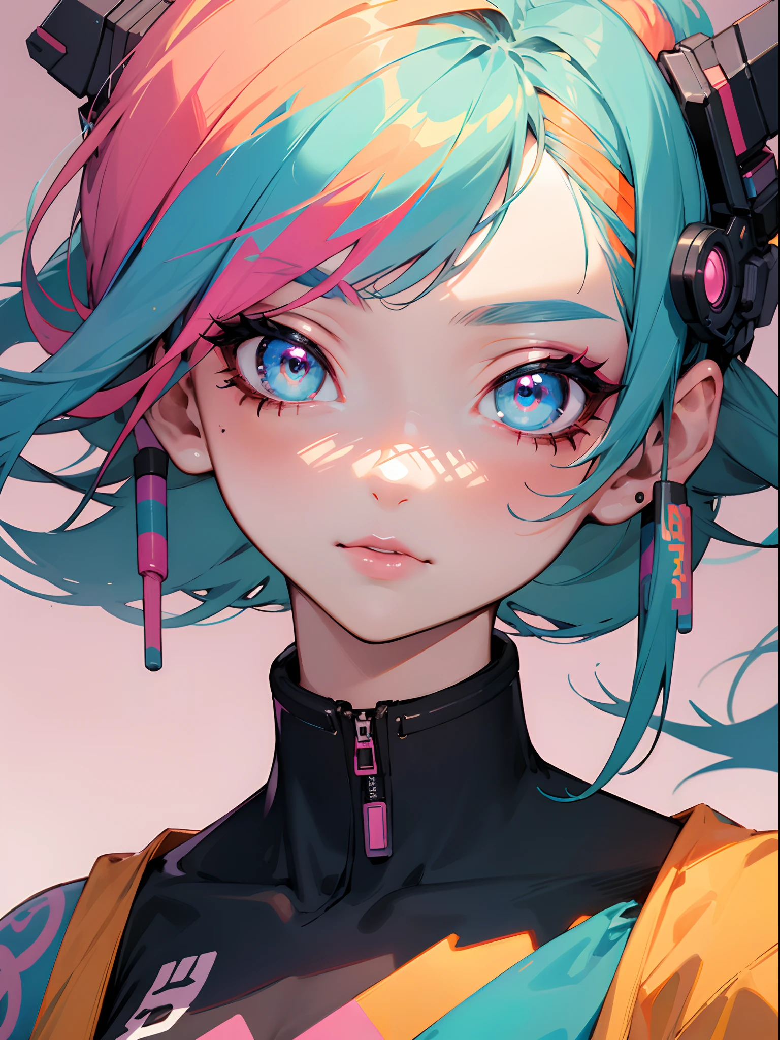Masterpiece best quality (portrait) of confident cyberpunk girl, Harajuku-inspired pop outfit with glowing neon trim, bold colors and patterns, eye-catching accessories, trendy and innovative hairstyle, multicolor hair, multicolor eyes, vibrant makeup, illustration, (detailed skin texture, detailed cloth texture), ((beautiful detailed face)), intricate details, ultra detailed, dazzling Cyberpunk cityscape in background, bright and vivid color scheme