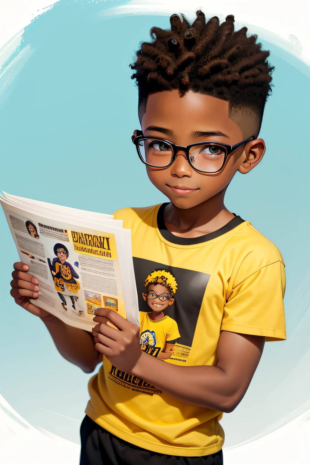 Lovely and happy 7 male child, wg glasses, Penteado curto, medium black and brown skin tone, Camiseta amarela de manga curta, holding a flyer in your hand. illustration, estilo dos desenhos animados da disney.