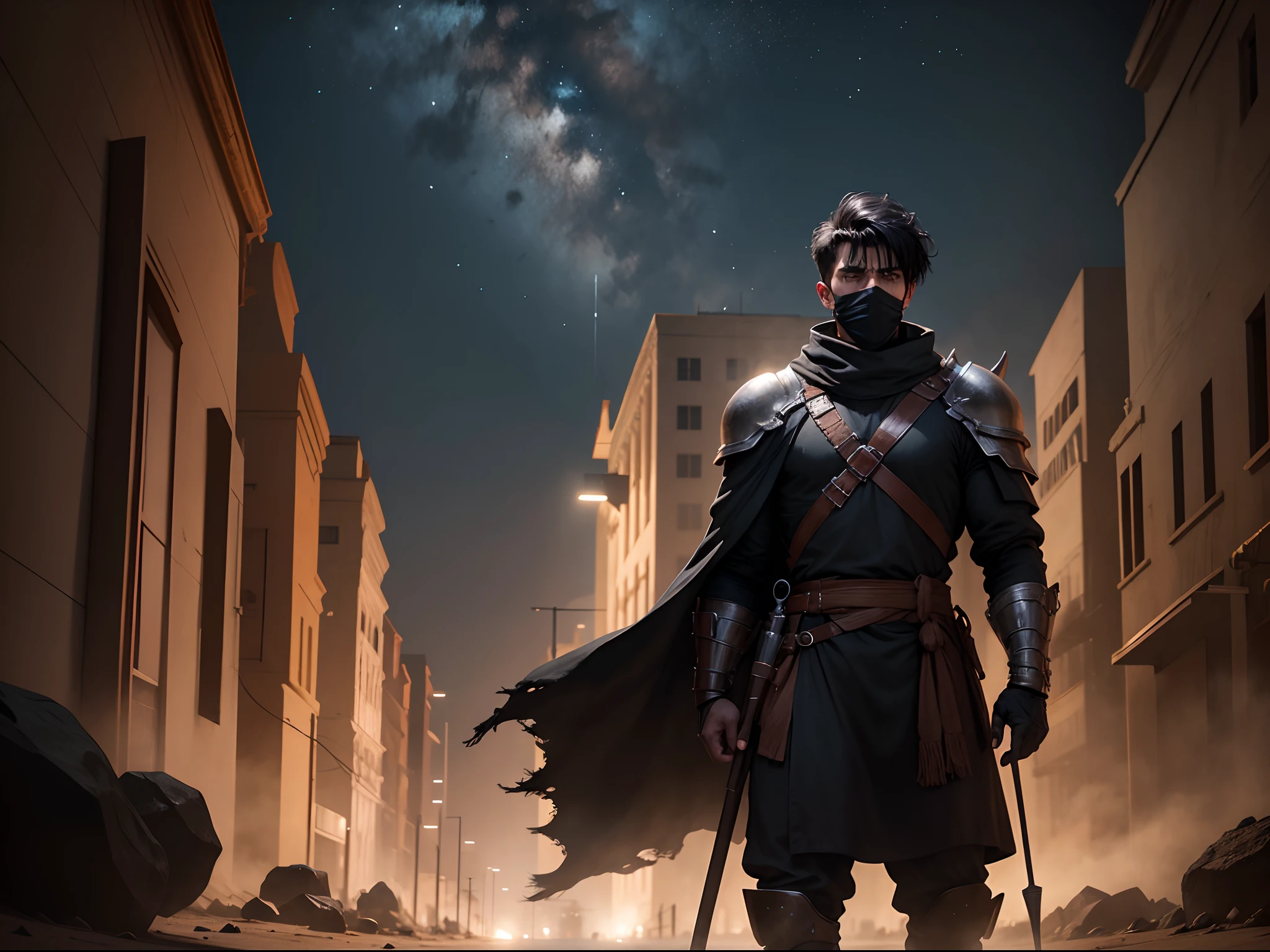 realistic image in 8k, of a strong 25-year-old man, with short black hair combed to the side, dressed in cleric clothes with RPG-style silver shoulder pads, face covered in soot, standing on a night street in a desert city, looking up sad