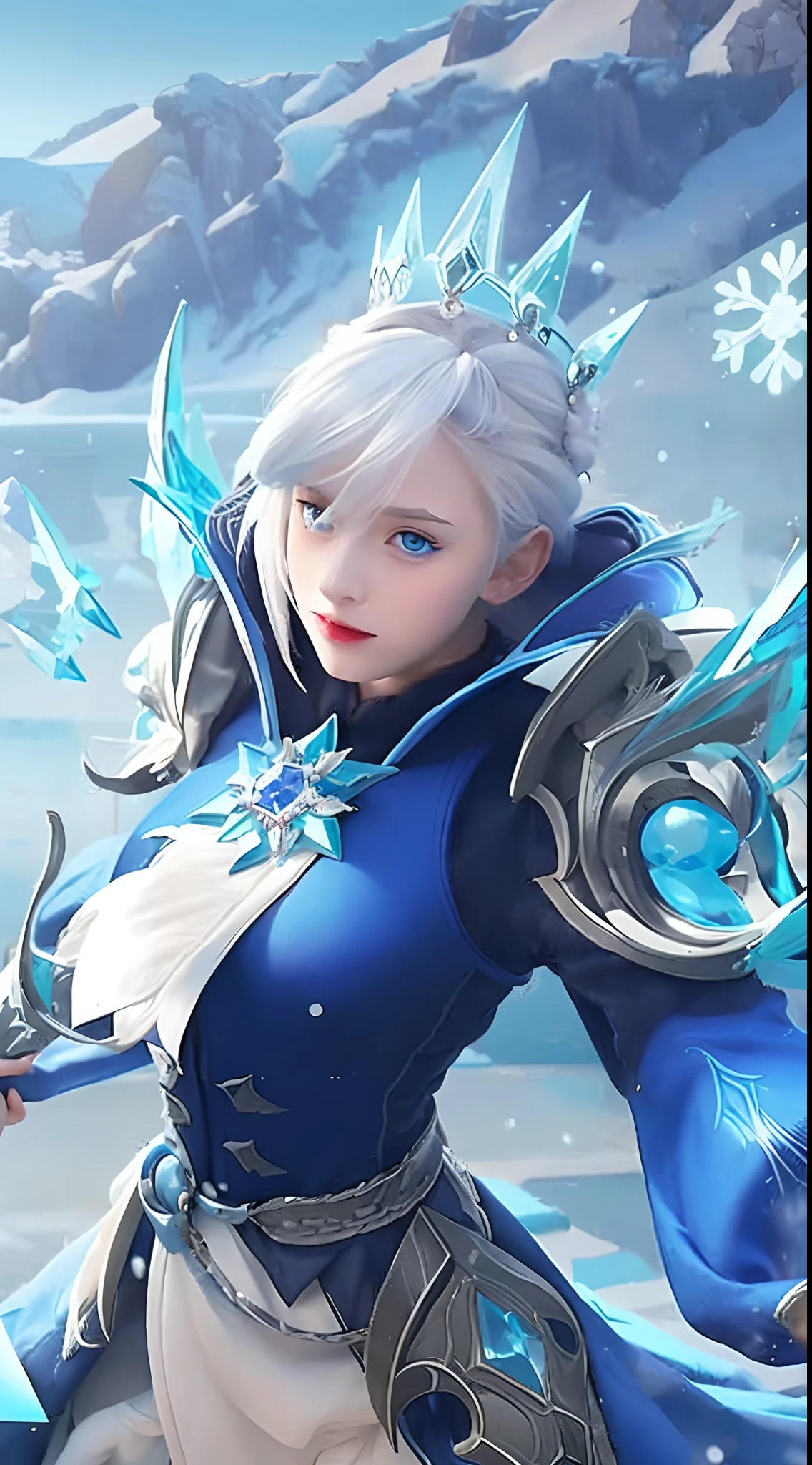 1girl, Silvana, blue dress, hair tied, white hair, realistic, ultra detail, blue eyes, crystal crown, snow queen, white trousers