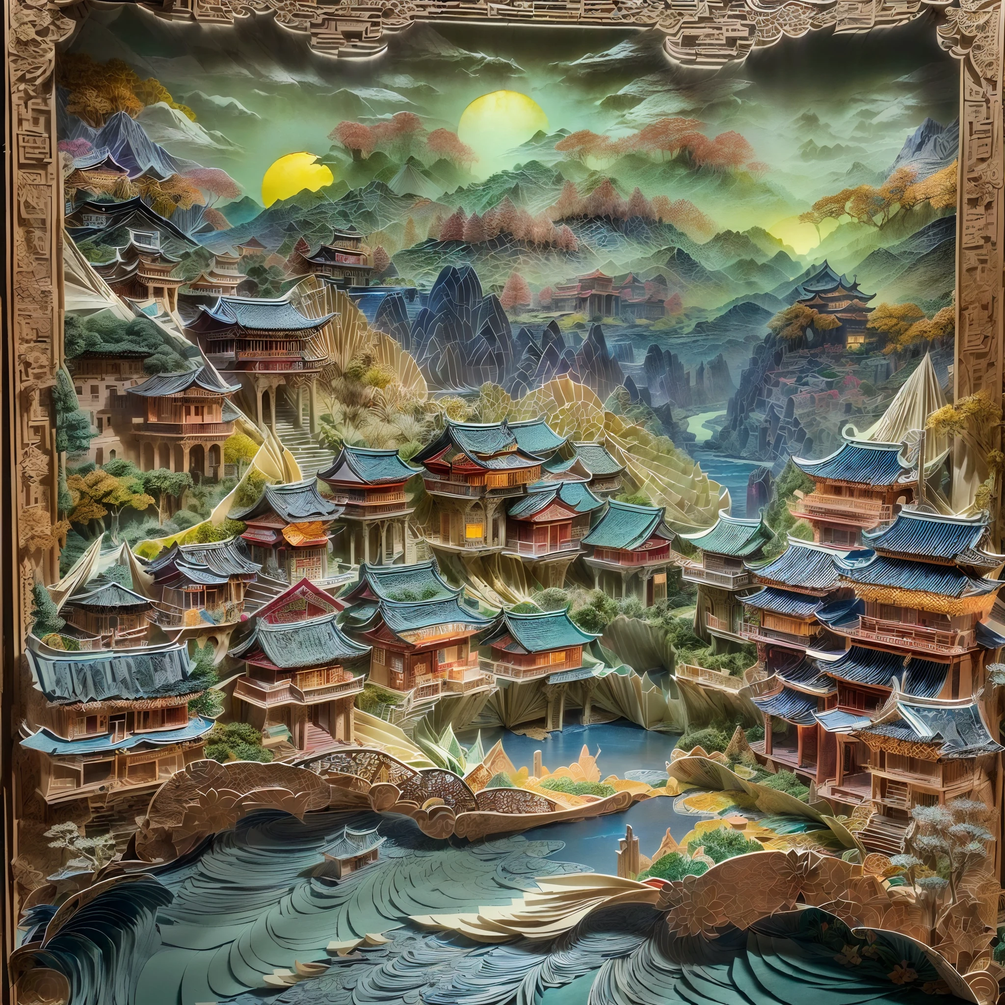 (popup book:1.5),(paper art:1.2,Sewing paper art:1.3)(baiyun,mountains and rivers,Oriental ancient architecture),(plethora of colors,Best quality,detail detail,tmasterpiece,folk art,Cinematic lighting effects,4K,Chiaroscuro)
