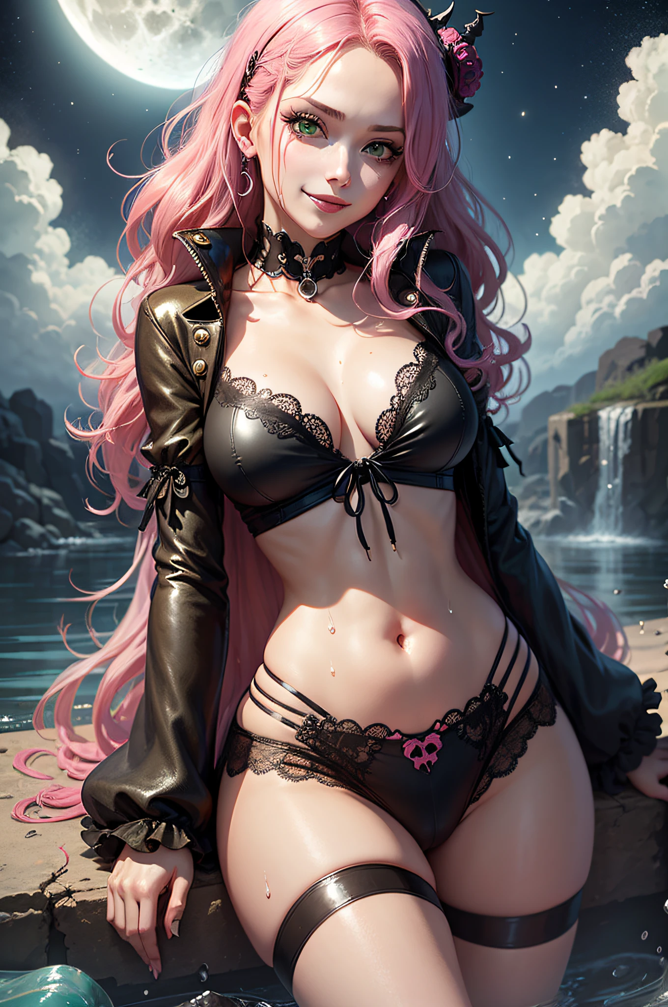 Perona from One Piece, pink hair, long hair, curly hair, green eyes, gothic clothes, gothic girl, 18 yo, sexy underwear, wet clothes, transparent clothes, dark fantasy, dark light, ghothic envoirment, moon light, ghost with smile