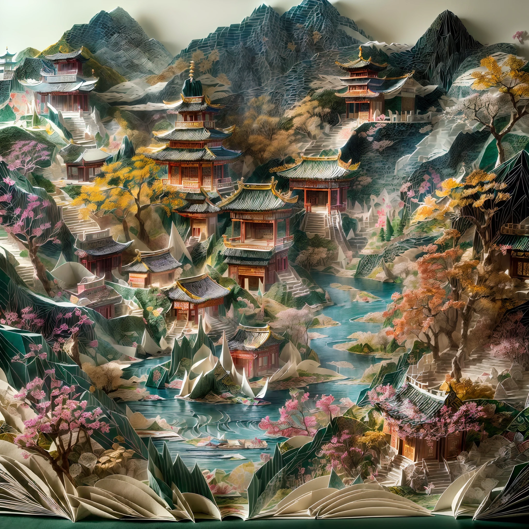 (popup book:1.5),(paper art:1.2,Sewing paper art:1.3)(baiyun,mountains and rivers,Oriental ancient architecture),(plethora of colors,Best quality,detail detail,tmasterpiece,folk art,Cinematic lighting effects,4K,Chiaroscuro)