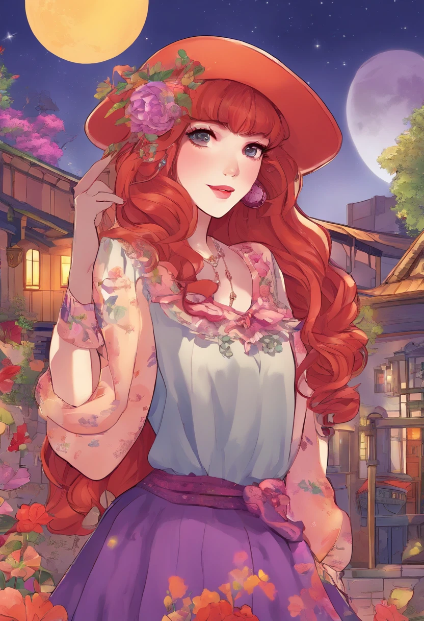 midshot, cel-shading style, centered image, ultra detailed illustration,girl, reddish redhead, with freckles on her cheeks, two-tone eyes, the left red and the right purple, wearing a lolita style outfit ,vibrant colors, landscape background, moon earring accessories, long curly hair,32k resolution, best quality