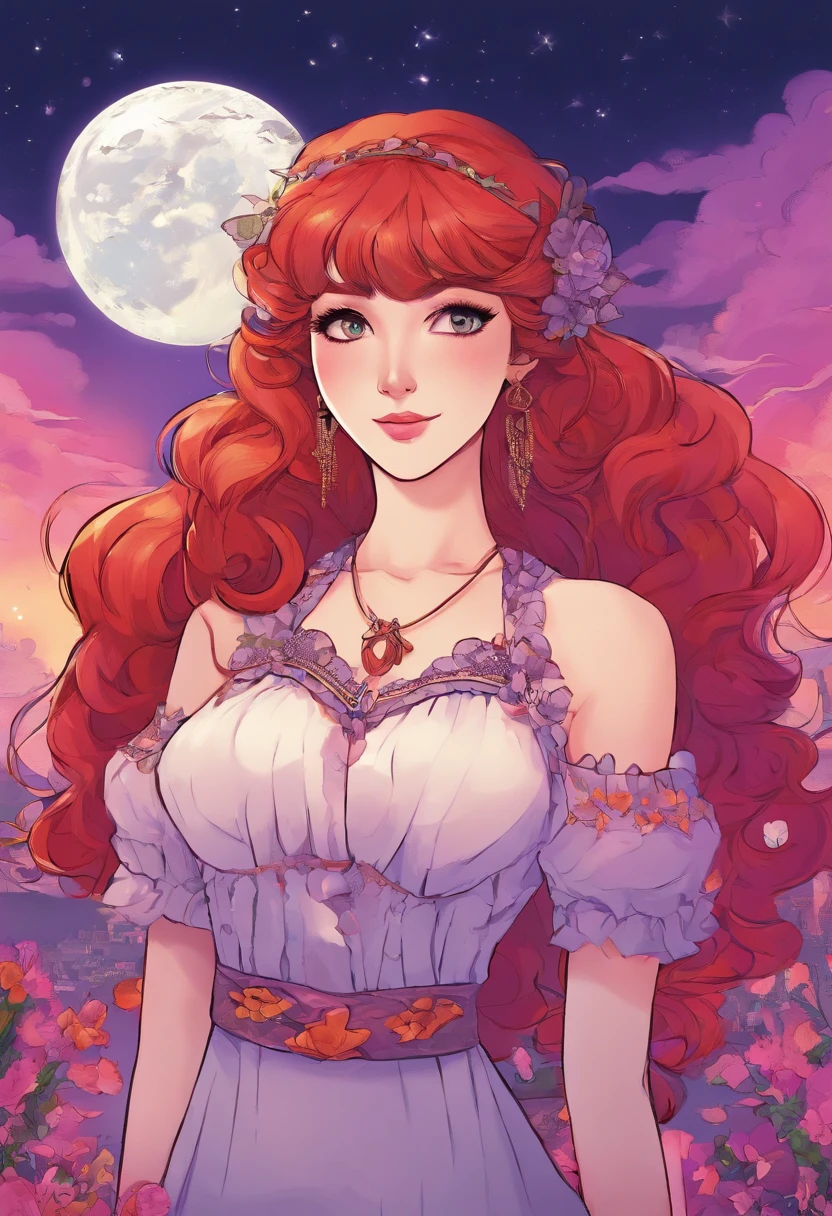 midshot, cel-shading style, centered image, ultra detailed illustration,girl, reddish redhead, with freckles on her cheeks, two-tone eyes, the left red and the right purple, wearing a ****ta style outfit ,vibrant colors, landscape background, moon earring accessories, long curly hair,32k resolution, best quality