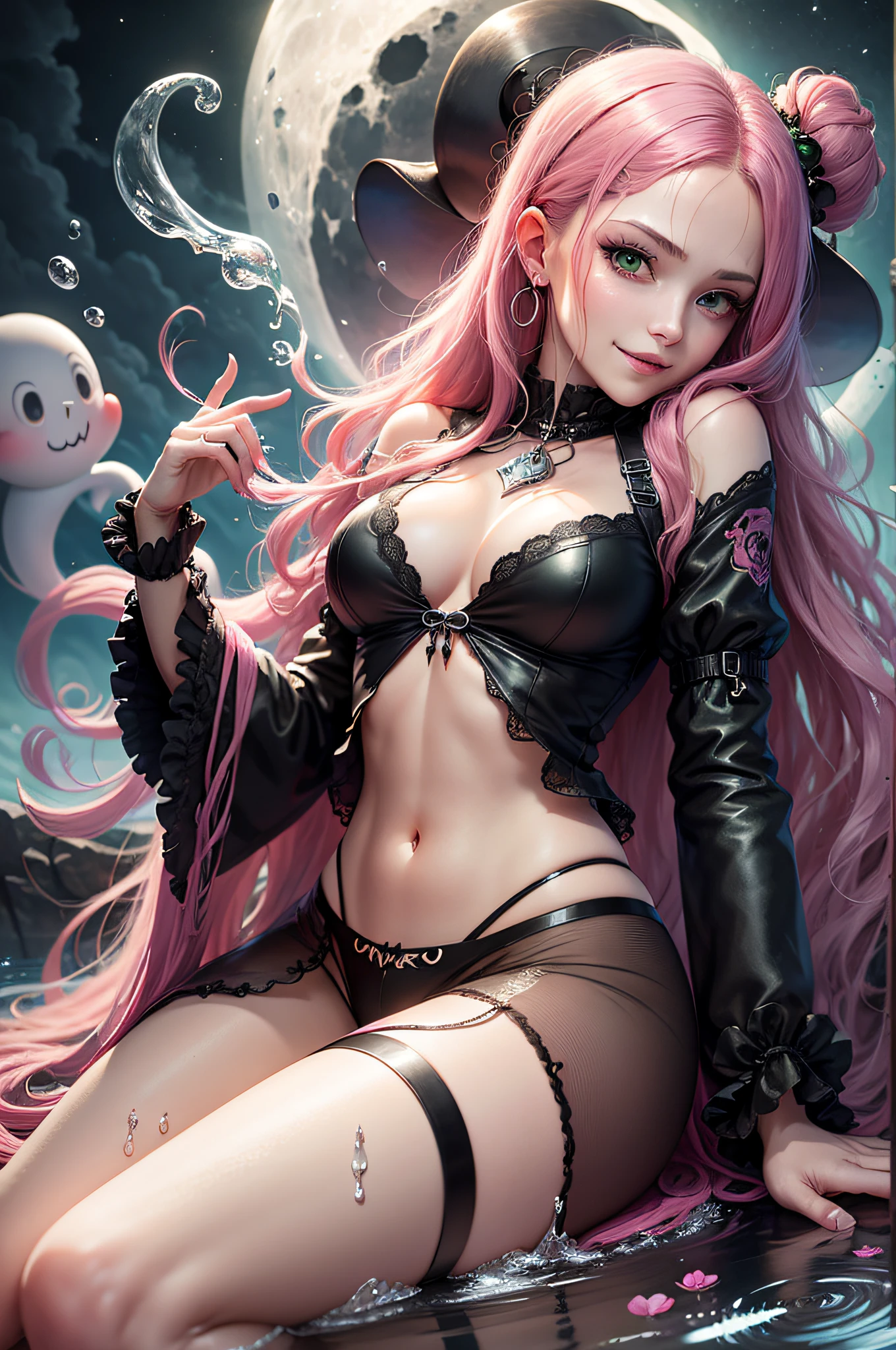 Perona from One Piece, pink hair, long hair, curly hair, green eyes, gothic clothes, gothic girl, 18 yo, sexy underwear, wet clothes, transparent clothes, dark fantasy, dark light, ghothic envoirment, moon light, ghost with smile