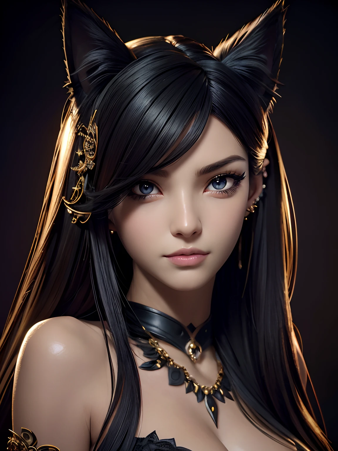 A Photograph of a beautiful woman with cat ears, her piercing gaze locked with the viewer's, in an alluring and seductive pose. Detailed round eyes. The intricately detailed rendering highlights the realistic textures of her skin, while contrasting tones of deep, mysterious hues create an enigmatic atmosphere. masterpiece, high details, best quality, HD, realism.