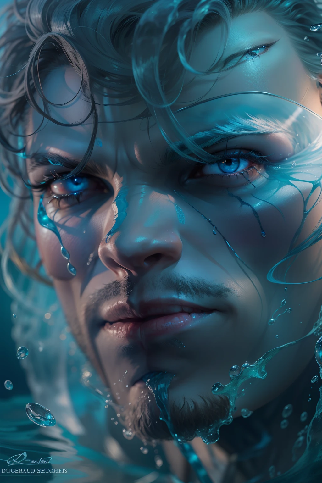 Man of water, with hair and eyes of water, a portrait of a water sorcerer, realistic portrait, fantasy male portrait, ultra-realistic, ultra-detailed