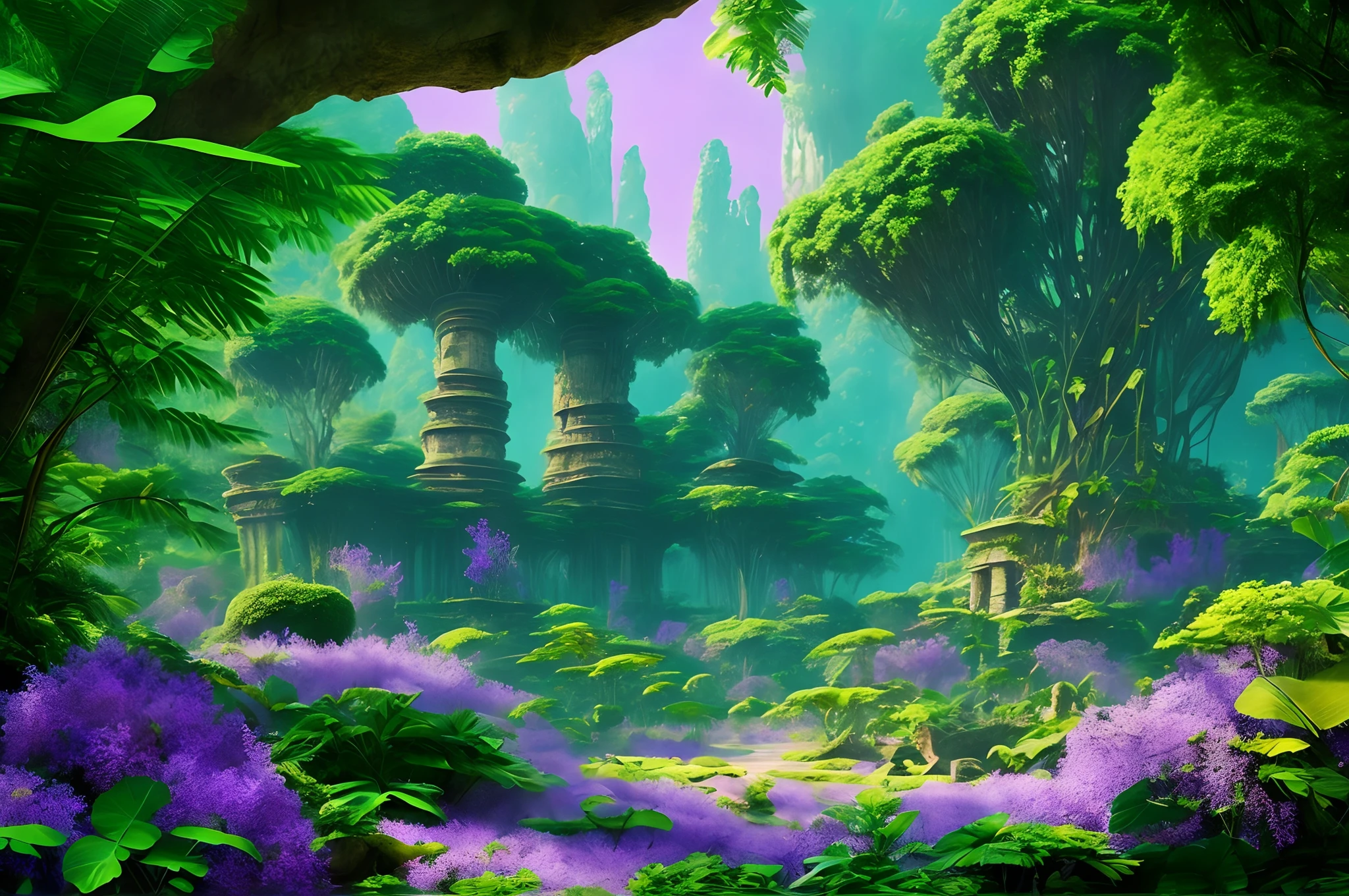 An alien jungle, giant trees, ((violet foliage)), ancient stone ruins, flowers, high-resolution