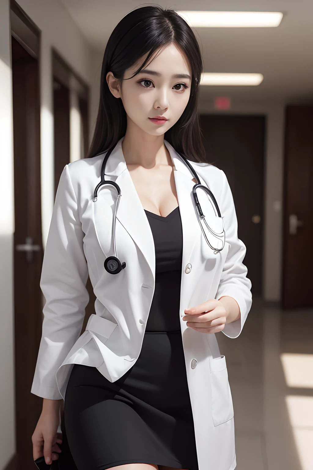 1womanl、(Super beautiful)、(beauitful face:1.5)、physician、(Dressing:1.3)、(White coat for doctors:1.5)、white shirt、(a miniskirt:1.3)、Sit in a chair in the exam room、(showing panties)、(white panties:1.1)、(with spreading legs)、(stethoscope)、(At SFW:1.1)