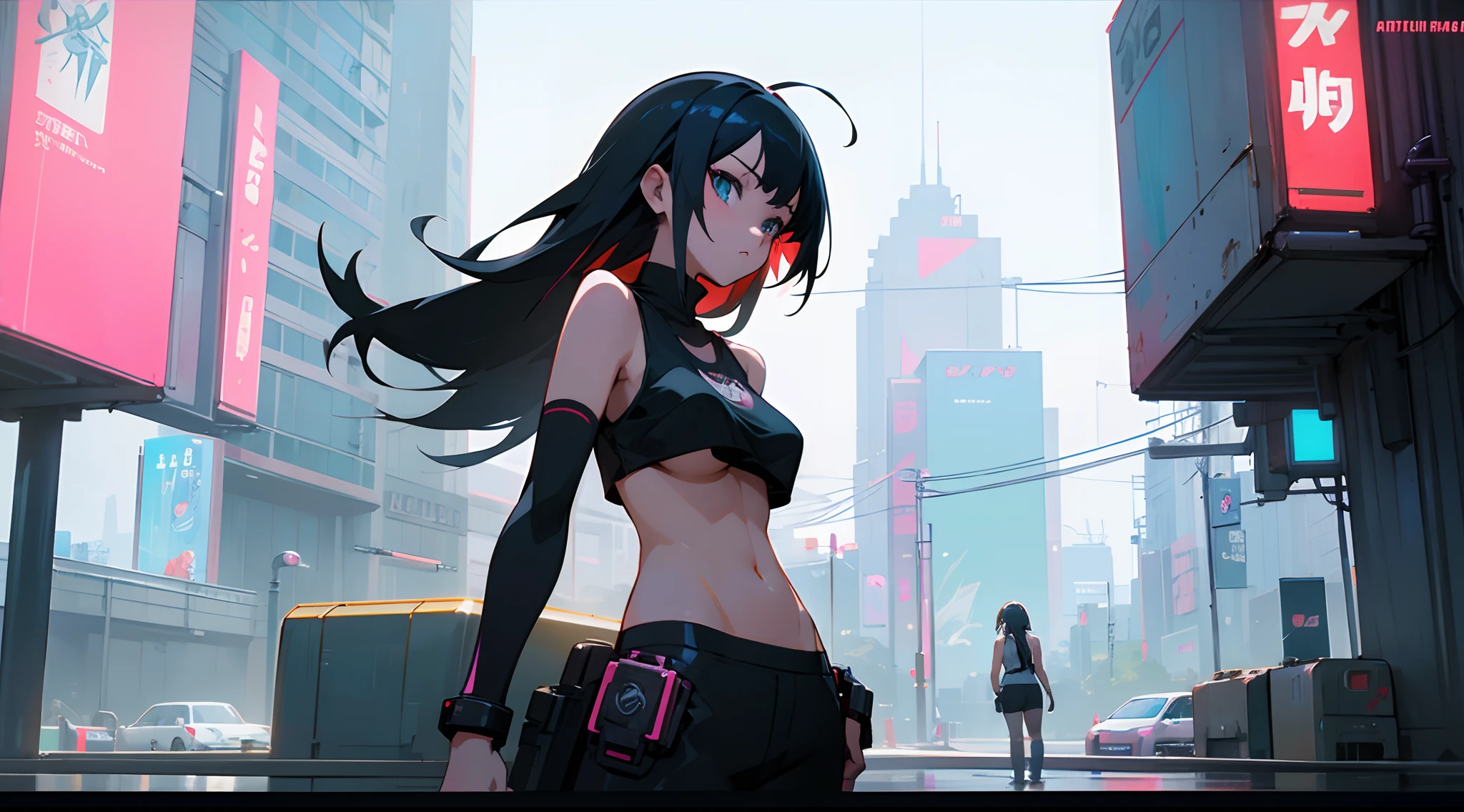 anime girl in black tank top standing in a city street, 1 anime girl, (underboob:1.2), navel, digital anime illustration, urban girl fanart, anime style. 8k, anime style illustration, digital cyberpunk anime art, anime styled digital art, artwork in the style of guweiz, cyberpunk art style, anime style 4 k, digital cyberpunk - anime art, lofi artstyle, lofi girl