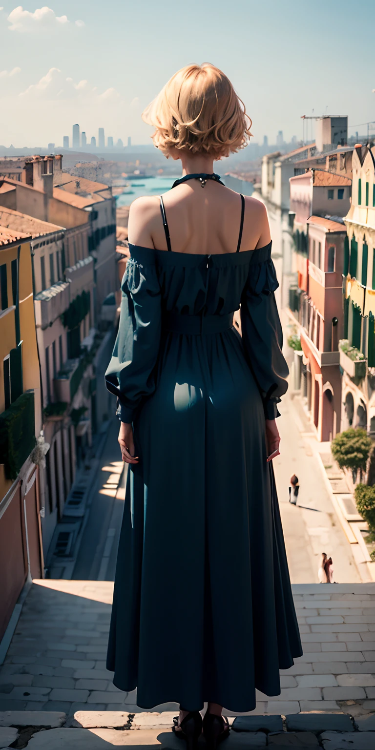 realisticlying、The big picture of the Venetian metropolis, Depiction from the top of a distant hill、View from even further afield、Blonde Short Hair Girls Watch、Don't turn around in a snug-fitting long dress、zoomout