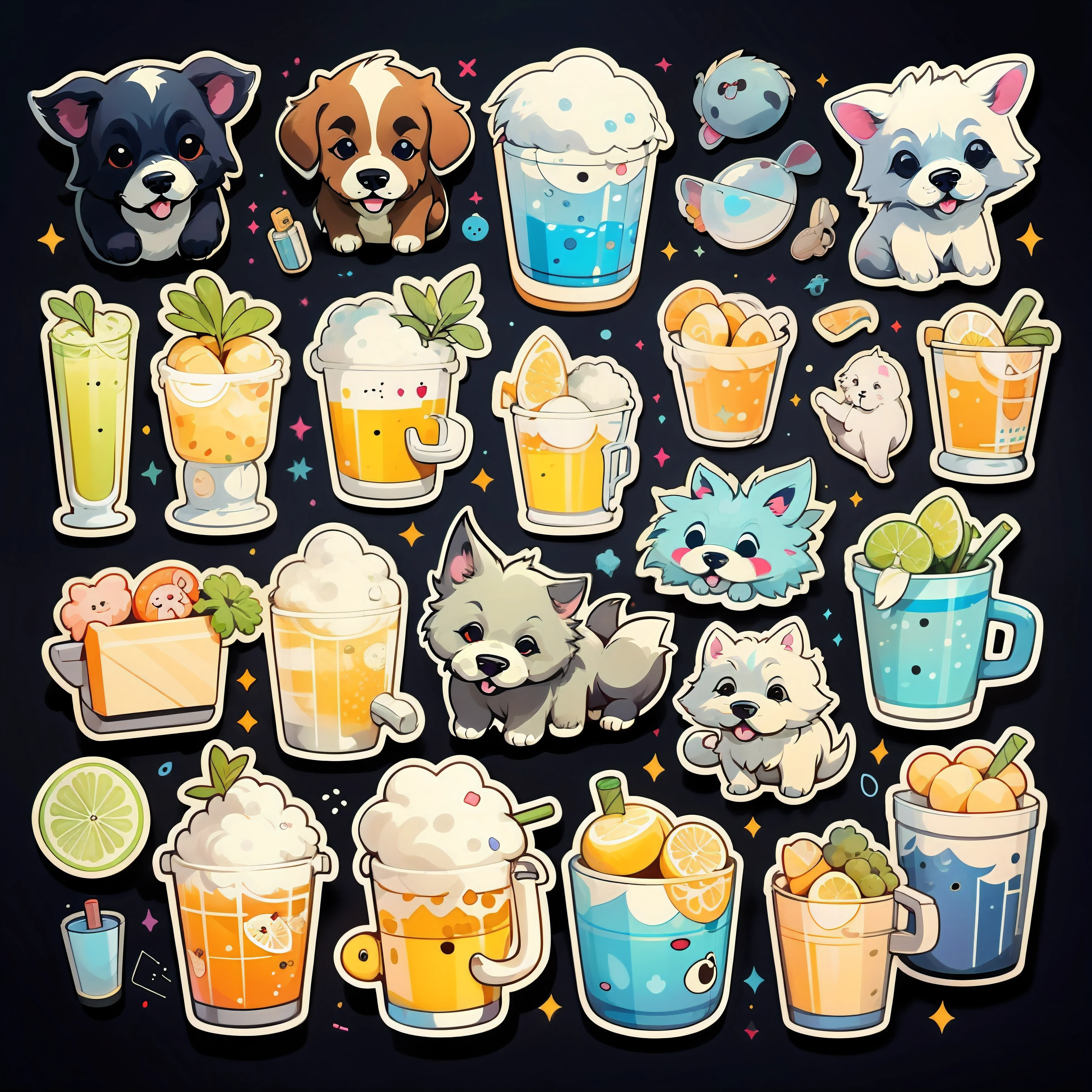 adesivo,dog, fundo simples,cartela,bebidas,varios temas, cartoon style
