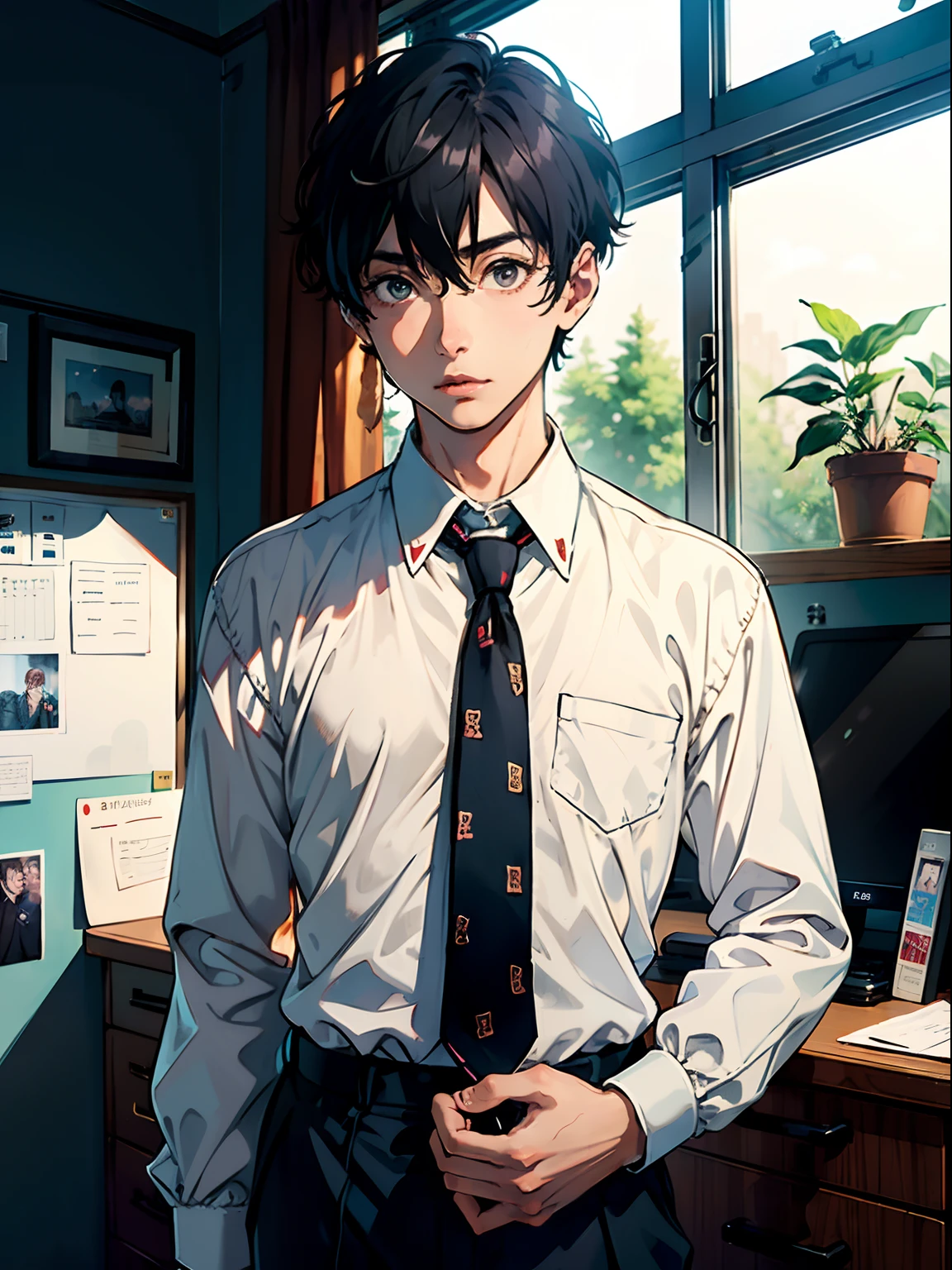 1boy,11 only、(Man's :2),(bobhair:1.5)、A dark-haired、Drinking coffee、Brightly colored ties、Cluttered office、Natural lighting、hightquality、masutepiece,8K,hight resolution、