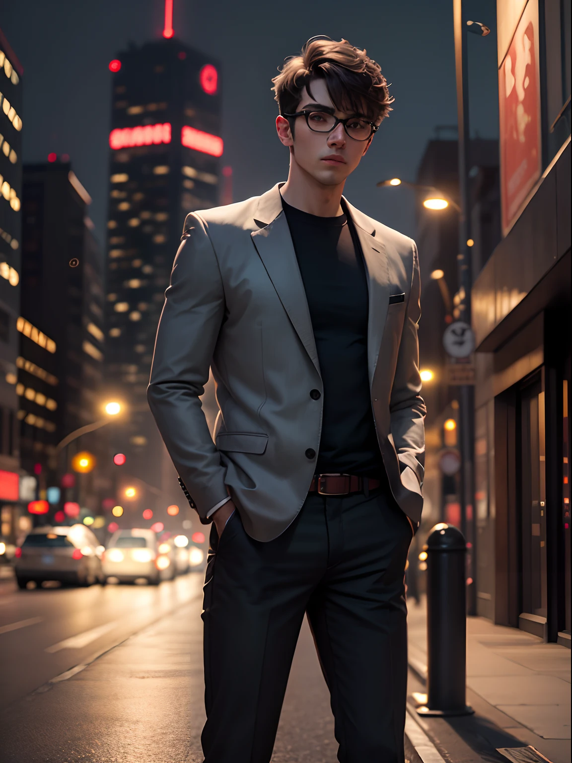 Man writer of horror stories, Short-haired with bangs and glasses gray aviator with gray blazer, camisa social preta, Black pants and black all-star sneakers on big city background at night, 8k, HD.