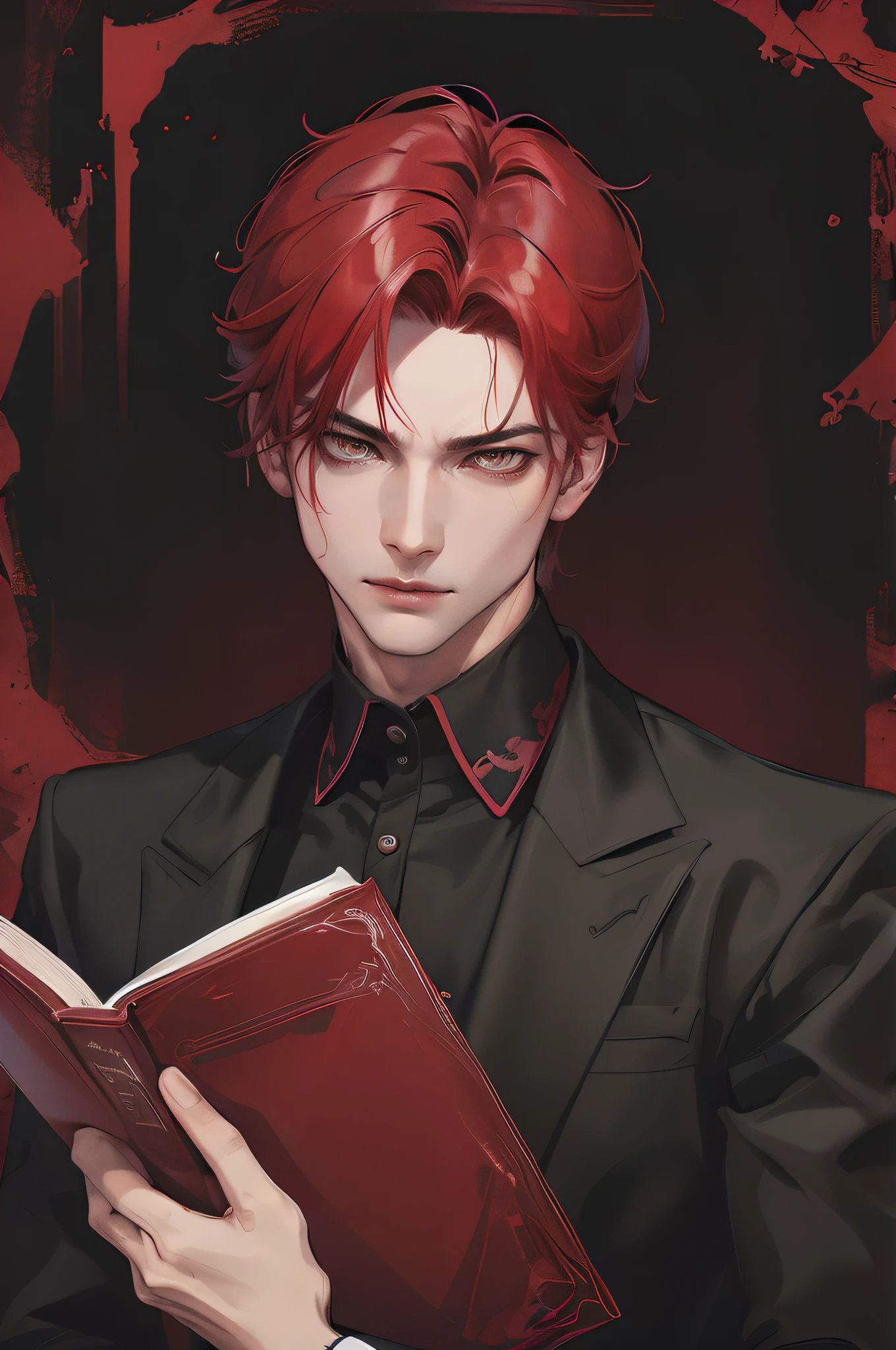 cover for a book, photography of a demon sexy man, a solo man, (((man))), (masculine face), 40 years old, demon, bad boy, (gold eyes), expressive look, red fire hair, (((dark background))), shine hair, unshaven, black suit, long sleve jacket, super detailed face, perfect body, perfect shapes, realistic image, award winning photography, 8k, (((perfect shiny eyes)))