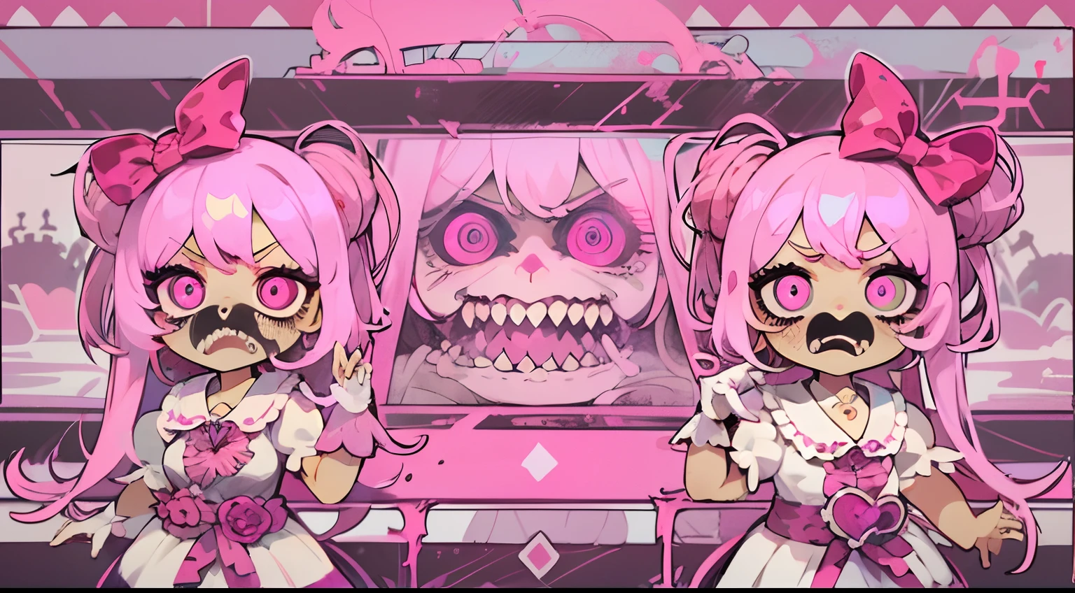 girl, pink colored hair, pink colored eyes, pink and white colored dress, dark skin color, maniac expression, psychopath face, pink colored  bow, white spots on bow, pigtails, ((dark castle background)), 1 girl, anime art style, omori art style, detailed eyes, detailed lips, strong expression, dark pupils, dark shade over face, bokeh, sharp focus, pink color palette, vivid colors, scary ambience, scary environment, 4K masterpiece, UHD, HDR