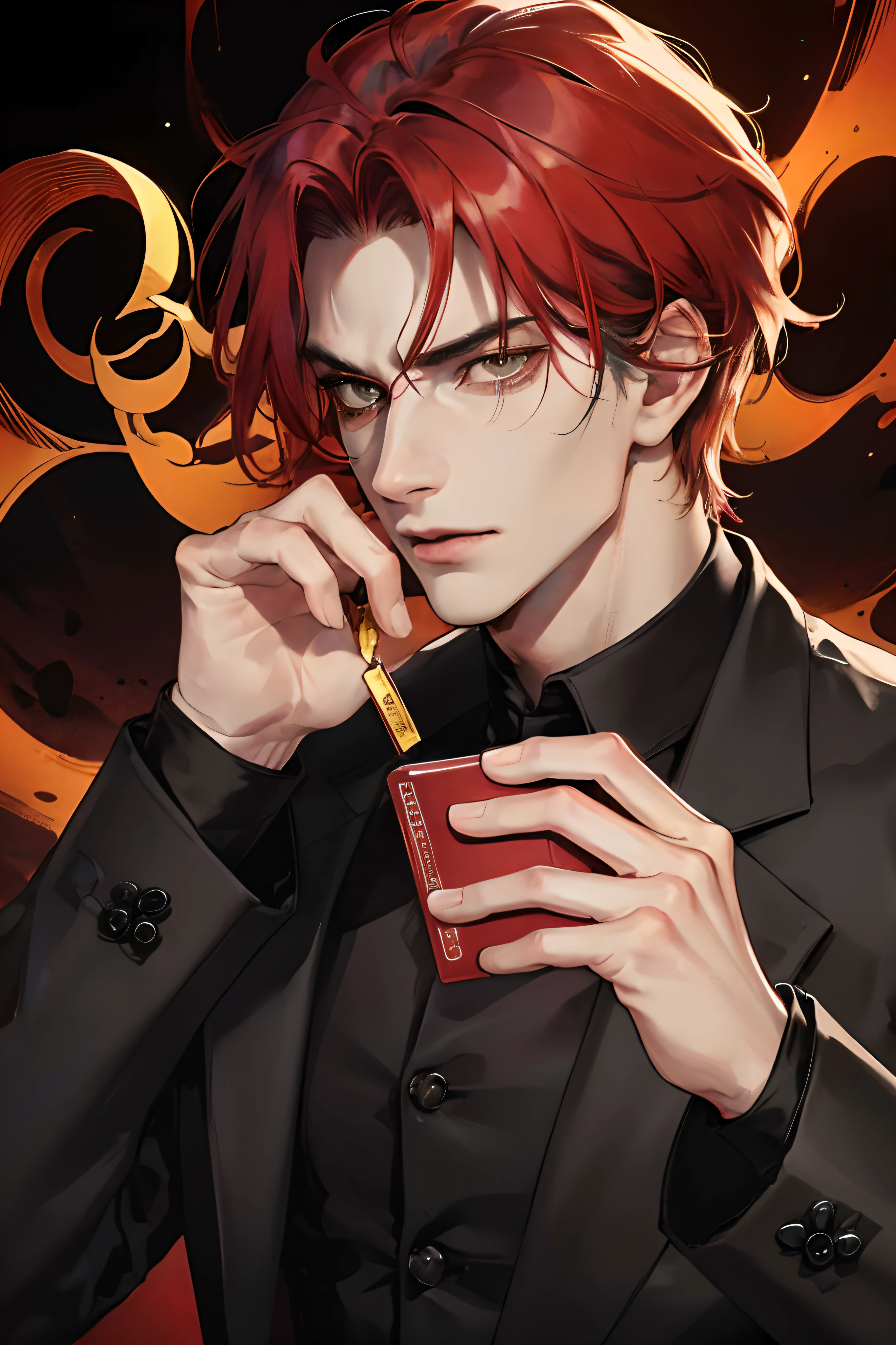 cover for a book, photography of a demon sexy man, a solo man, (((man))), (masculine face), 40 years old, demon, bad boy, (gold eyes), expressive look, red fire hair, (((dark background))), shine hair, unshaven, black suit, long sleve jacket, super detailed face, perfect body, perfect shapes, realistic image, award winning photography, 8k, (((perfect shiny eyes)))