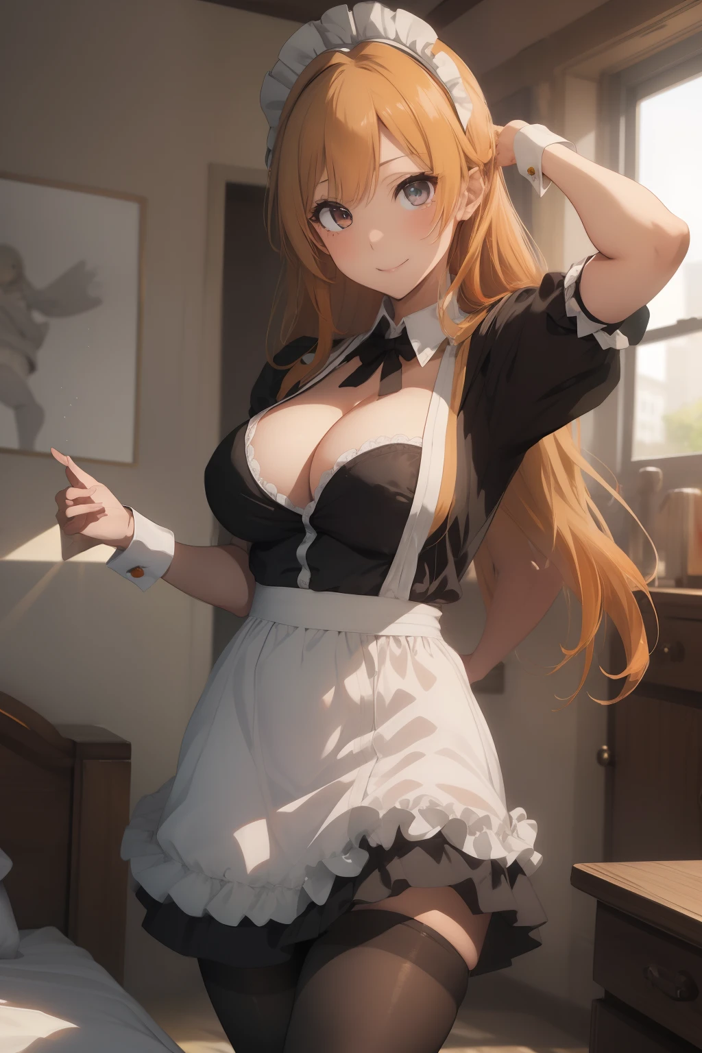 (masterpiece、top-quality、top-quality、Beautifully Aesthetic:1.2)、ighly detailed、highestdetailed、grey eyes、orange color hair|Semi-long blonde hair、cleavage of the breast、((maid clothes))、(pantyhose)、(a miniskirt)、(White cuffs)、
Matsumoto Rangiku、graffiti art、Look at the viewer、A smile、Bedroom、on the beds