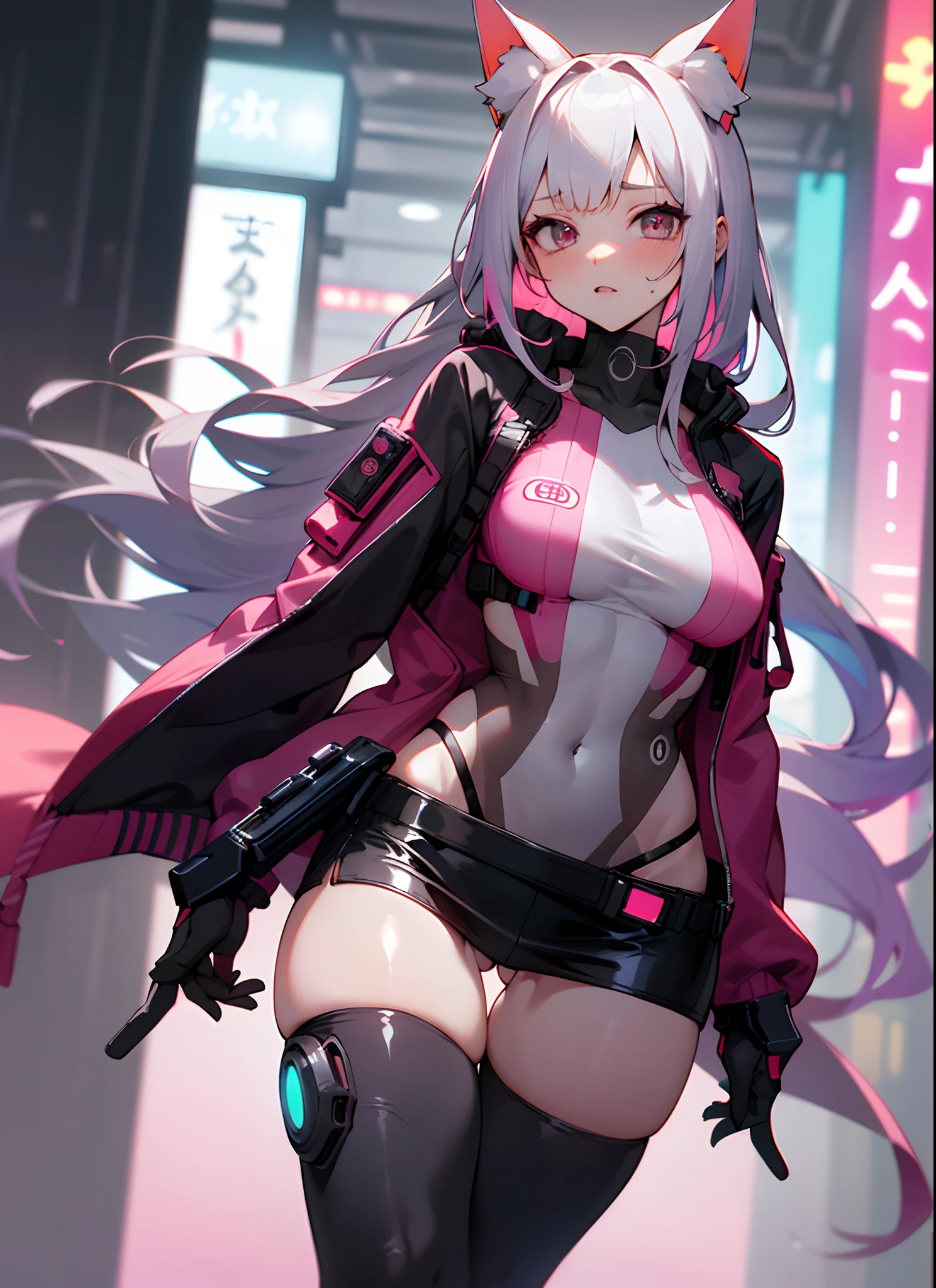 (RAW photo, best quality, masterpiece:1.2), (best quality:1.4), ((sexy cute Japanese cyberpunk catgirl)), (((slender body))), big breasts, (bangs), blush, ((wearing colorful Harajuku tech jacket)), ((wearing miniskirt)), insane details, dynamic pose, (cyberpunk city streets background), hair intakes, ((shapeless long hair)), glowing neon accents, looking at viewer, (((thigh gap))), thighs, multicolor hair, alice \(nikke\),(shiny skin)