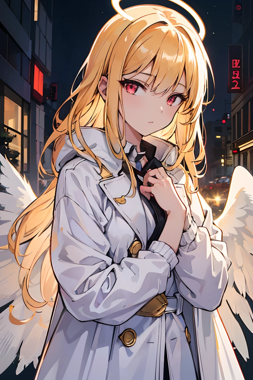 1girl,golden hair,red eyes,long white trench coat,[white angel wings],on the streets of a city,[clothes with black details],shiny eyes,[halo of light on the head],day,[dramatic colors],illustration,ultra-detailed,[highres],realistic Explanation: This prompt describes a detailed and realistic illustration of a girl with golden hair and red eyes. She is wearing a long white trench coat with black details, which adds contrast and style to her outfit. The girl is standing on the streets of a city, surrounded by the hustle and bustle of urban life. Her brilliant red eyes shine with intensity and determination, capturing the attention of anyone who sees her. A pair of white angel wings is attached to her back, symbolizing her purity and divine presence in the chaotic city. On top of her head, there is a halo of light, accentuating her angelic nature. The scene is set during the day, allowing vibrant and dramatic colors to fill the artwork and create a visually striking composition. The overall quality of the image is high, with fine details and a realistic appearance. It is an illustration created with great attention to detail, providing an immersive and visually appealing experience.