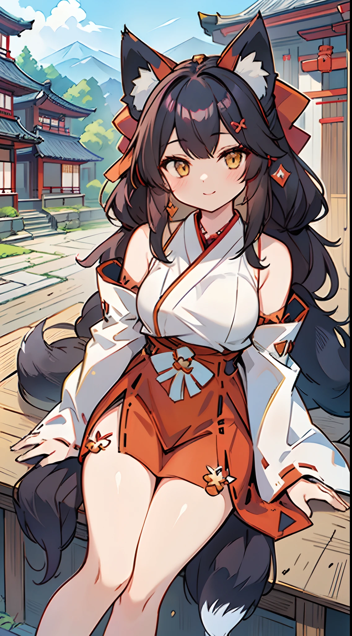 (8k, masterpiece), High resolution, high quality (最high quality), Show me your armpits,(masterpiece, 最high quality:1.2),shape,8k,High resolution,1 girl,alone,Cowboy Shot,brown_hair,length_hair,Ahoge,hairband,hair_good,double_good,headgear,smile,Non-traditional_Shrine maiden,purple_eye,Separated_sleeve,Japanese_Clothes,ribbon-trimmed_sleeve,ribbon_trim,
