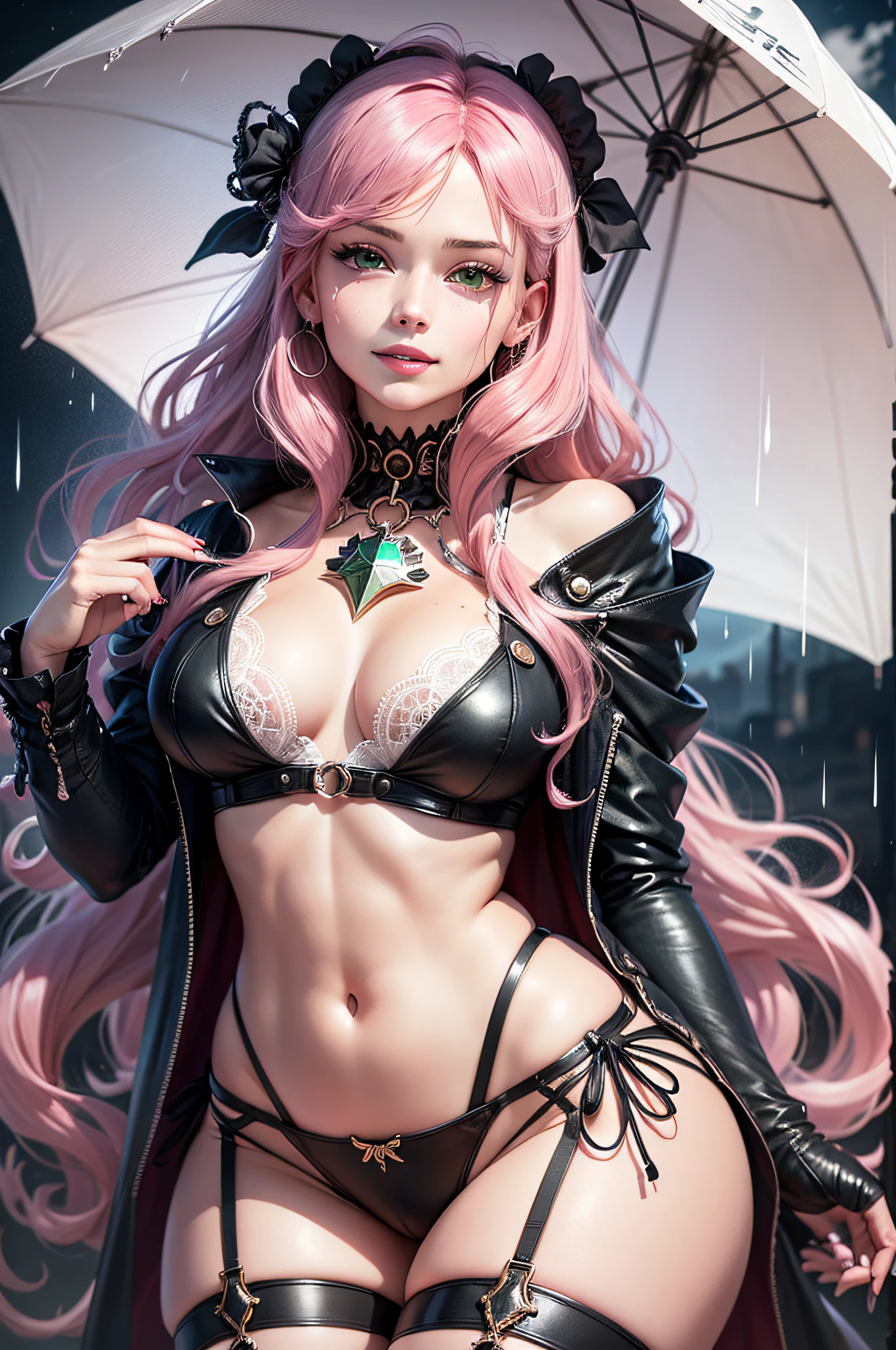 Perona from One Piece, pink hair, long hair, curly hair, green eyes, gothic clothes, gothic girl, 18 yo, sexy underwear, wet clothes, transparent clothes, dark fantasy, dark light, ghothic envoirment, moon light, ghost with smile, (Masterpiece: 1.4), (8K, Real, Raw Photo, Best Quality: 1.4), Ultra High Resolution, Ultra Realistic, High Definition, Golden Ratio, (Detailed Face: 1.4), using ghotic umbrella, raining