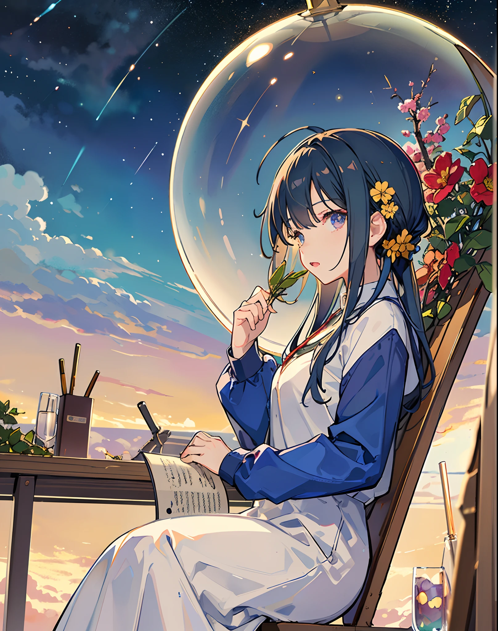 best quality, masterpiece, extremely detailed, detailed background, anime, 1girl, young girl, short girl, sci-fi, science fiction, outdoors, night, starry sky, greenhouse, megastructure, bio-dome, landscape, scenery, horizon, rooftop, sitting on rooftop, wind, looking away, atmospheric lighting, solo focus, close up, from side, depth of field, bokeh