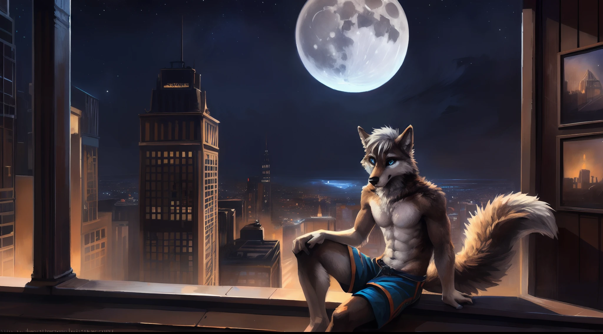 ((Solo)), male people, anthro wolf, (Multi-colored fur, White-brown:1.3), ((Wolf face, Big eyes, White eyelids, Blue pupil, Slim:1.2) (Tough, Calm expression:1.2)), (Height 2.1 meters,Tail length 1.5m), Abs, Slim, pinging, (Correct anatomy), (Contour bone:1.2), The upper body is naked, (detailed outfits), a long large tail,Feet,(Realistic fur, Detailed fur texture, labeled:1.3)), (Natural lighting), Photorealistic, Hyperrealistic, ultradetailed, by Kenket,In the modern city,Roof,the night,Sit alone,Look at the full moon,It was dark,Starry