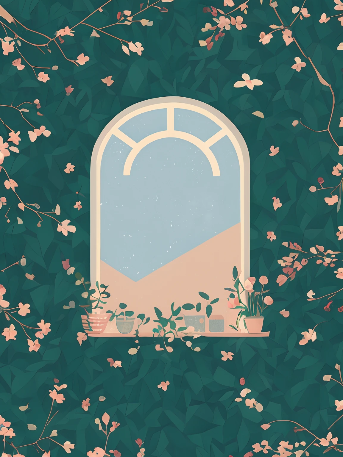 Paving over large areas,Pink-orange tones,morandi,Artistically,butterflys,Lily of the valley,Diamond,Art and abstraction,Geometric patterns,Texture design,Hand drawn illustrations,The background is pink,Sky outside the window,Fresh colors,Low contrast,The characters are clear,Contour lines,Window sill cleaning,The windows are complete,Pink is the majority,، simple,The windows are complete