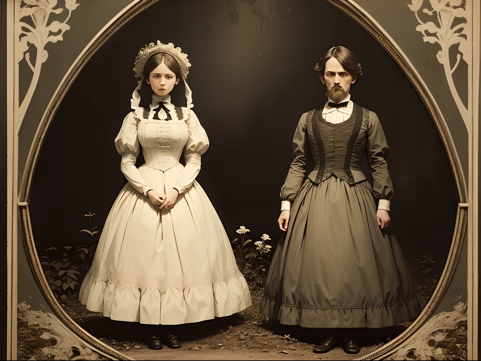 victorian era family bodies mutated with octupus posing outside in garden, traditional beautiful rich victorian clothes : creepy athmosphere, detailed, faded colours: