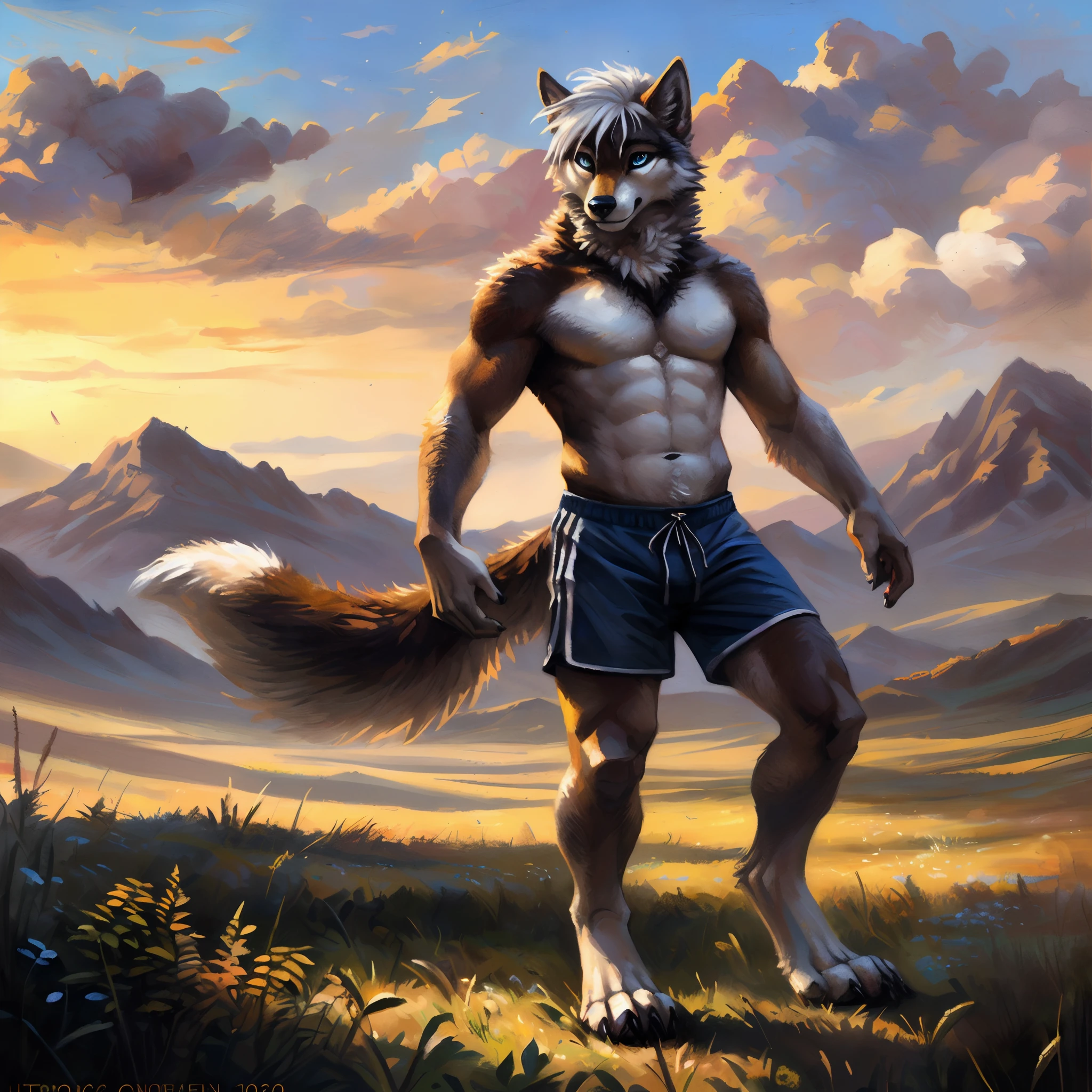 ((Solo)), male people, anthro wolf, (Multi-colored fur, White-brown:1.3), ((Wolf face, White hair, Big eyes, White eyelids, Blue pupil, Slim:1.2) (Tough, Calm expression:1.2)), Abs, Slim, pinging)), (Correct anatomy), (Work shorts:1.1), (Contour bone:1.2), The upper body is naked, (detailed outfits),A big tail，Feet，(Realistic fur, Detailed fur texture, labeled:1.3)), (Natural lighting), Photorealistic, Hyperrealistic, ultradetailed, by Kenket，Endless grasslands，No buildings，erect through