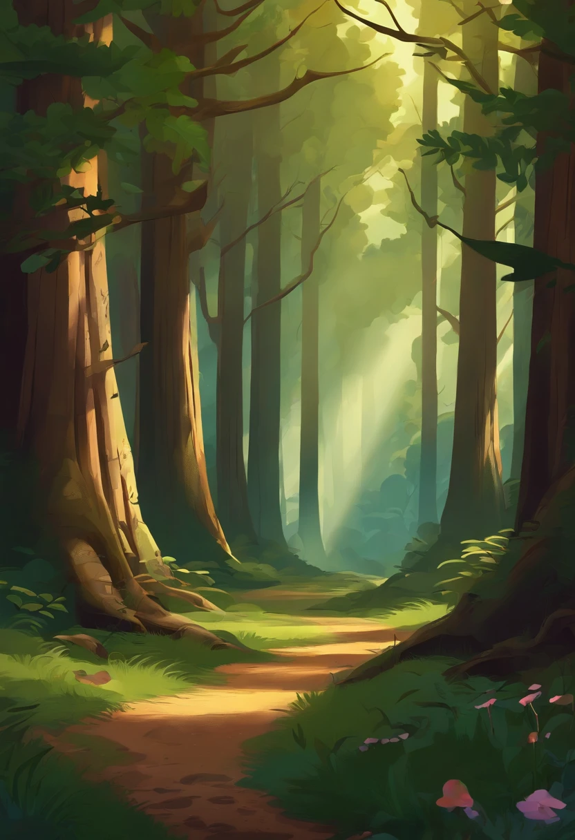 beautiful Forest. cartoon style. light between the trees