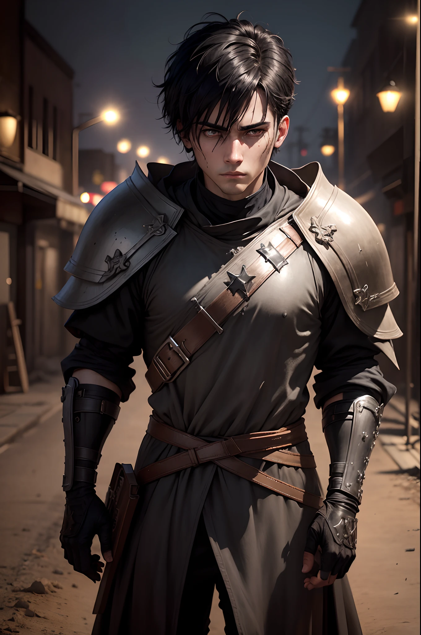 realistic image in 8k, of a strong 25-year-old man, with short black hair combed to the side, extremely detailed eyes, dressed in cleric clothing with RPG-style silver shoulder pads, dirty face stained with soot, standing on a night city street of the desert, shedding a tear, anime style art