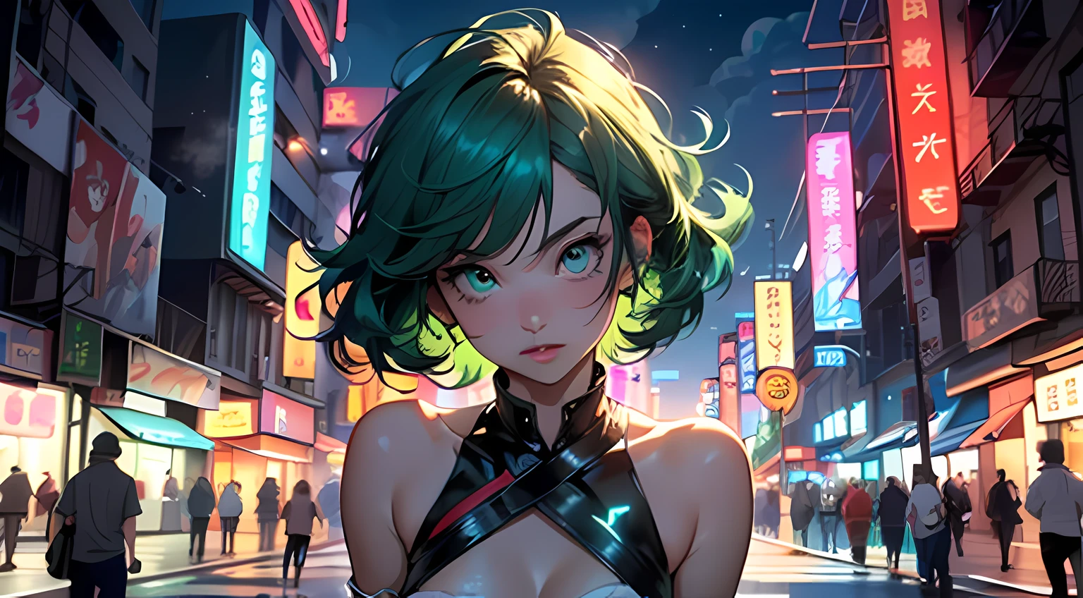 girl youtuber,(((1girl))),((extremely cute and beautiful green curly-haired girl)),
(short breasts:1.4),(((green curly hair:1.35,very curly hair,colored inner hair,ear breathing,short hair))),((green eyes:1.3,upturned eyes:1.3,perfect eyes,beautiful detailed eyes,rainbow glows ultra-detailed yellow green eyes:1.1,gradient eyes:1,finely detailed beautiful eyes:1,symmetrical eyes:1,big highlight on eyes:1.2)),((fat)),(((lustrous skin:1.5,bright skin: 1.5,skin tanned,shiny skin,very shiny skin,shiny body,plastic glitter skin,exaggerated shiny skin,illuminated skin,wet legs))),delicate detailed fingers,detailed body,human hands,(detailed face),
cute,slutty,seductive,erotic,(((nsfw))),
zettai ryouiki,revealing clothing,show skin,((rave mini-skirt,visible thong straps,white loose tank top with an sexy print)),((wet clothes,detailed outfit,detailed clothes)),
(dynamic pose:1.0),embarrassed,(centered,scale to fit dimensions,Rule of thirds),
cyberpunk city by the ocean at night, with bright neon signs and dark stormy clouds and puddles,
High resolution, sharp focus, (ultra detailed, extremely detailed), (photorealistic artwork:1.37), 8k wallpaper,((synthwave background theme)),((vibrant colors)),(intricate),masterpiece,(best quality),