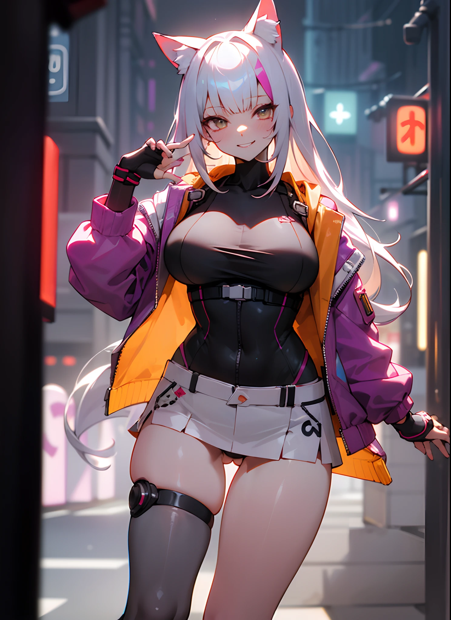 (RAW photo, best quality, masterpiece:1.2), (best quality:1.4), ((sexy cute Japanese cyberpunk catgirl)), (((slender body))), big breasts, (bangs), smiling, ((wearing colorful Harajuku tech jacket)), ((wearing miniskirt)), insane details, dynamic pose, cyberpunk city streets background, hair intakes, ((shapeless long hair)), glowing neon accents, looking at viewer, (((thigh gap))), multicolor hair, alice \(nikke\),(shiny skin)
