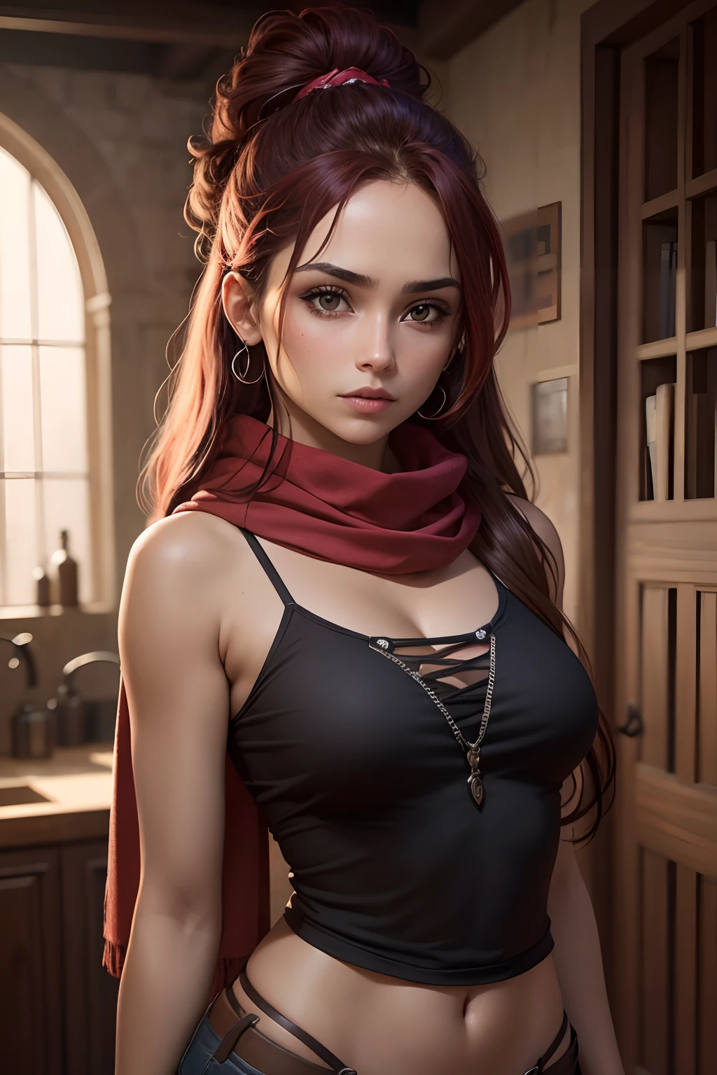 La mejor calidad, (Plano amplio), CGSsociety, 8k, ultrarrealista, Obra maestra, Mujer pirata, cana, ojos rojos, Ropa blanca, black scarf, Mirando hacia el frente, Parte superior del cuerpo, hair strand, dark skin, Cabello ondulado y suelto, cabello color rojo, con dos armas en la cintura