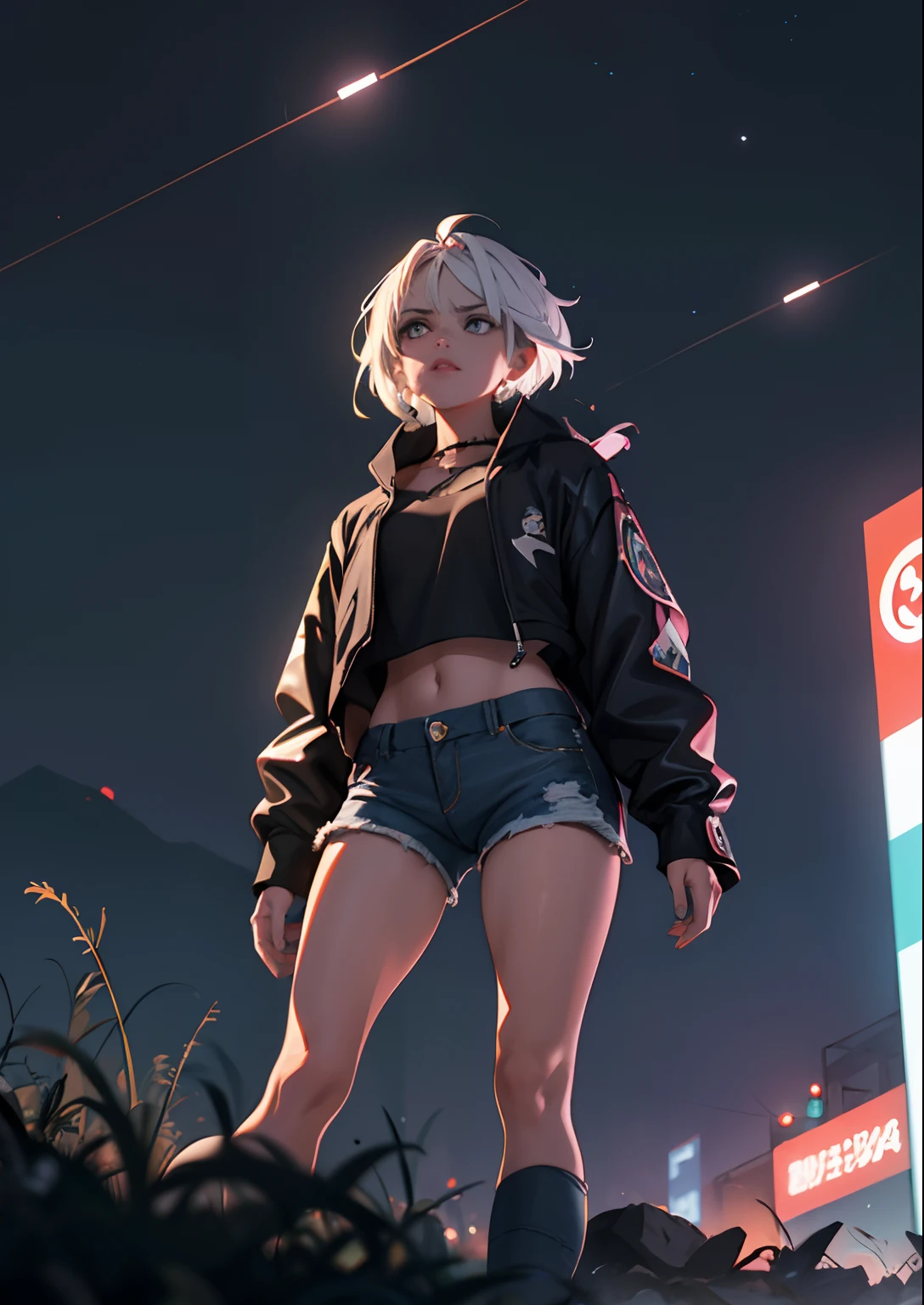 Uma menina em um top de manga comprida e shorts jeans, (Neon Cybperpuk Accessories) e tatuagens.The vast dark sky, belo horizonte, cidade pegando fogo ao fundo, grandes pastagens, extremely tense and dramatic pictures, efeitos visuais em movimento, Polaris suspenso alto, brilho natural colorido. (conceito futurista cyberpunk)