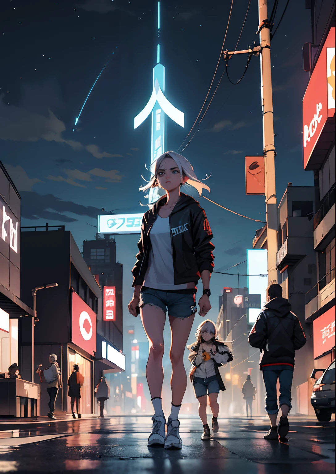 Uma menina em um top de manga comprida e shorts jeans, (Neon Cybperpuk Accessories) e tatuagens.The vast dark sky, belo horizonte, cidade pegando fogo ao fundo, grandes pastagens, extremely tense and dramatic pictures, efeitos visuais em movimento, Polaris suspenso alto, brilho natural colorido. (conceito futurista cyberpunk)