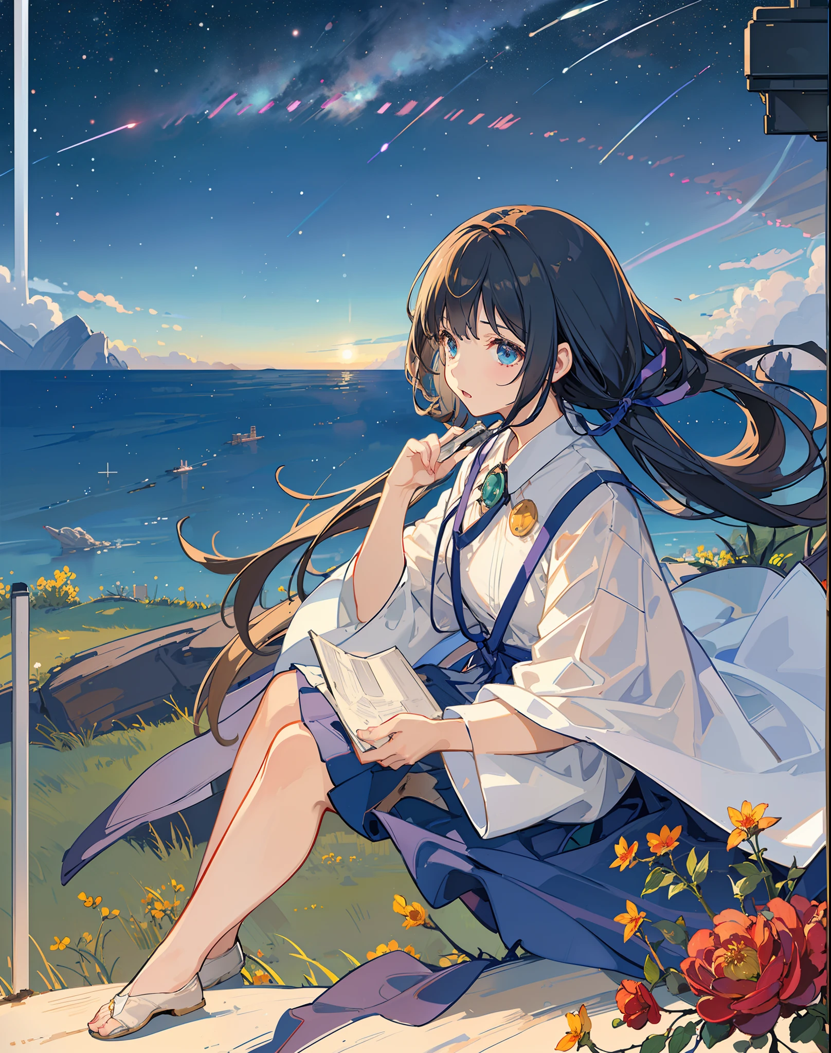 best quality, masterpiece, extremely detailed, detailed background, anime, 1girl, young girl, short girl, sci-fi, science fiction, outdoors, night, starry sky, greenhouse, megastructure, bio-dome, landscape, scenery, horizon, rooftop, sitting on rooftop, wind, looking away, atmospheric lighting, solo focus, close up, from side, depth of field, bokeh