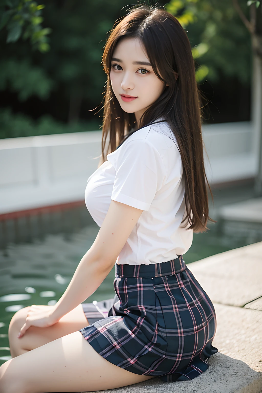 nsfw, 8K raw photo, Best quality, masterpiece, ultra high res, film grain, filmg, 1girl, looking at viewer, natural skin texture, realistic eye and face details, full lips, lipstick, (makeup), red eyeshadow, smile, close mouth, beautiful legs, tall female, skinny, slim_legs, solo, enormous breast, cleavage, Pose with buttocks facing you, ultra short skirt, ass, shirt, beautiful nature location, around flower location, (detailed background), plaid skirt, white shirt, enormous breast, cleavage, Show a little cleavage through the shirt, loafers, blurry background, blurry, holding, plaid, short sleeves, jk ribbon on the neck, jk ribbon, brown hair, bracelet, water, bangs, school uniform, jewelry, parted lips, lips, from side, pleated skirt, depth of field